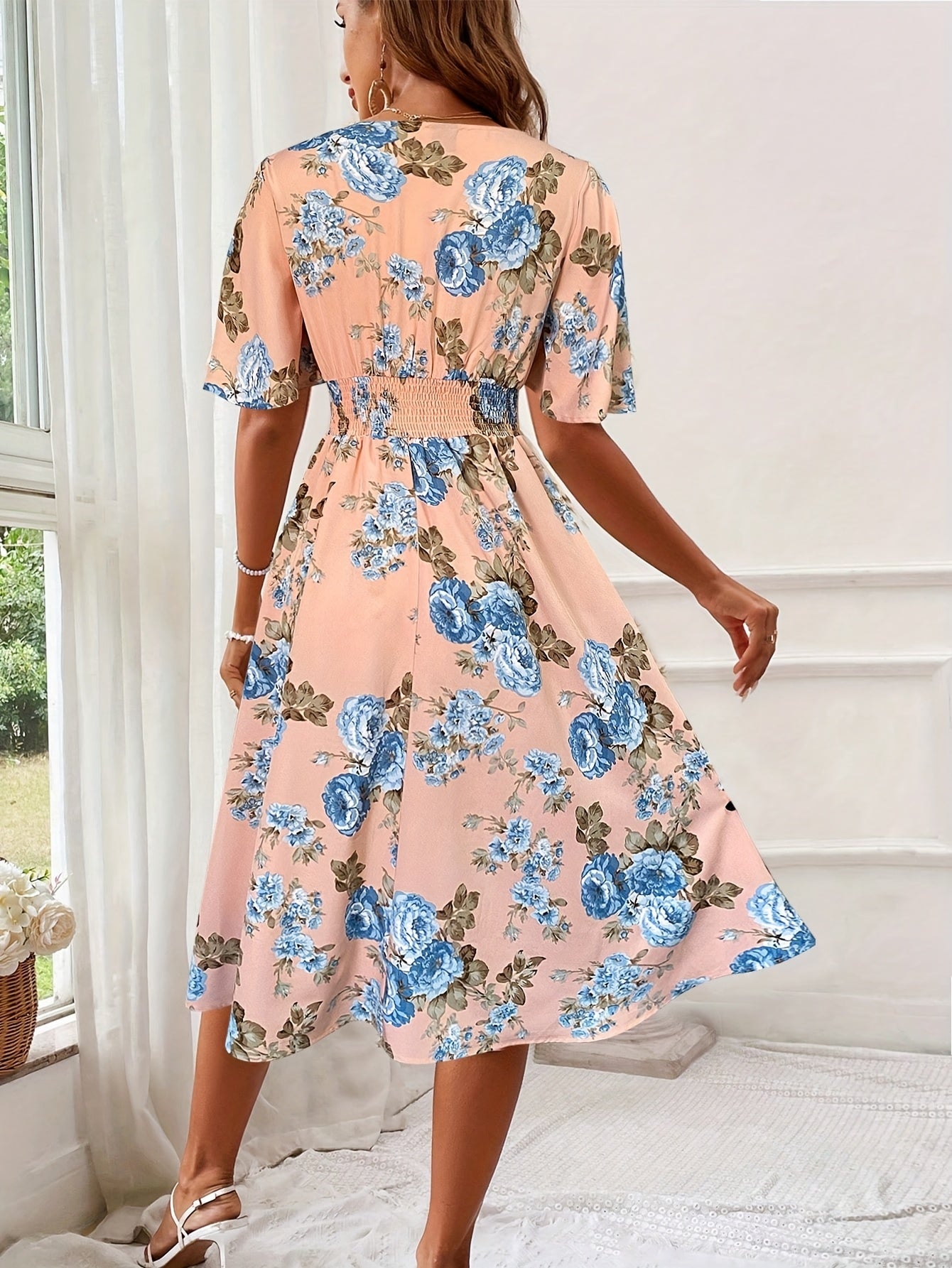 Women Floral Print Cinching Waist Maxi Dress Vacation Beach Outfit - Sales Savvy Shop