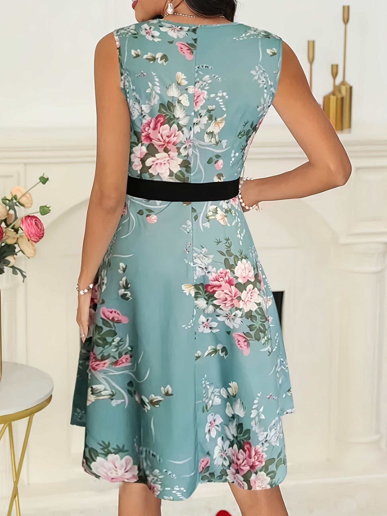 Women's Elegant Floral Print A-Line Sleeveless Dress with Adjustable Belt Knee-Length Round Neck Vibrant Pink White Teal Floral Pattern Fitted Silhouette Medium Stretch Fabric All Season Wear - Sales Savvy Shop