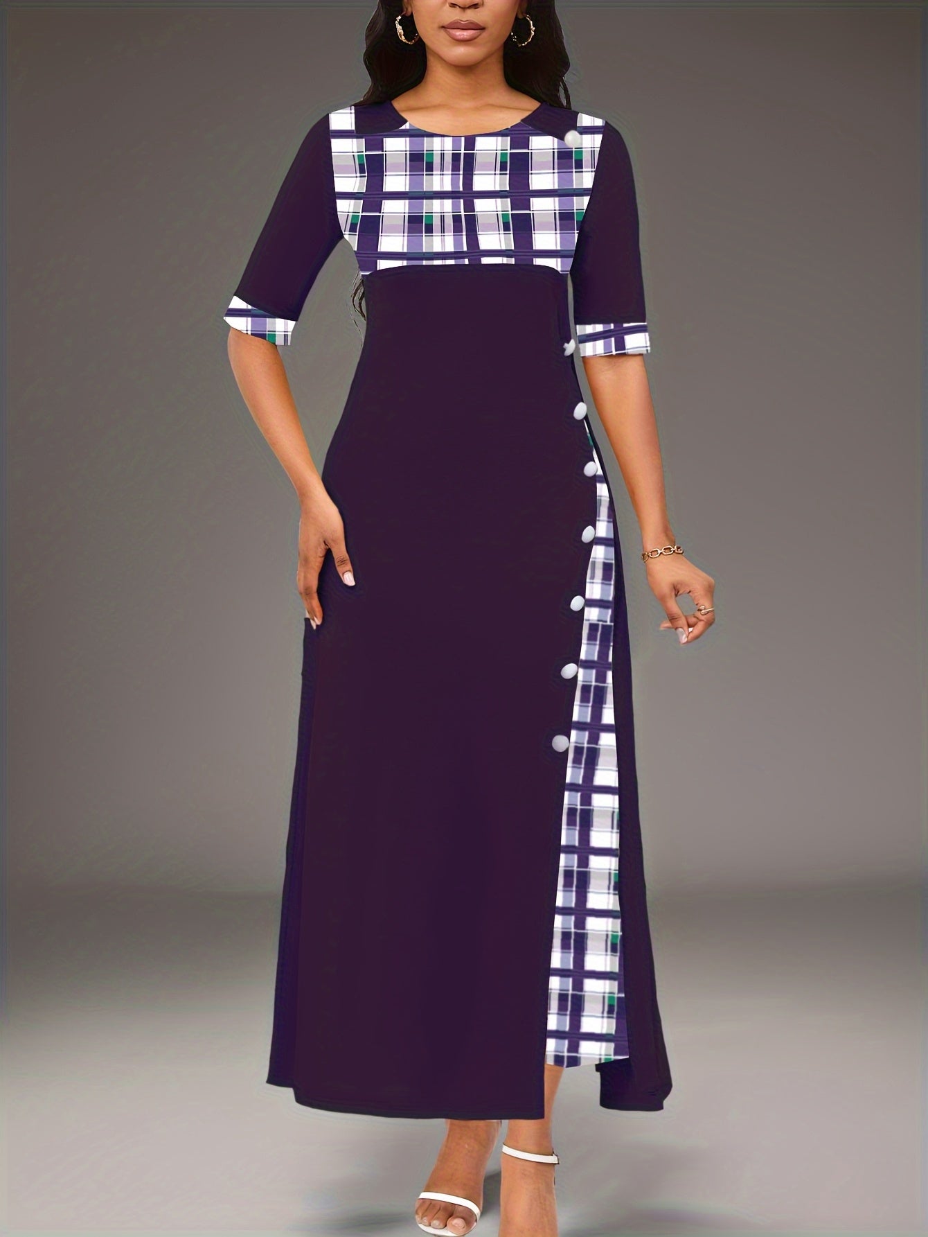 Women's Casual A-Line Dress with Geometric Plaid Color Block Design and Button Detail Mid Sleeve Irregular Hem Long Dress Machine Washable All-Season Comfort - Sales Savvy Shop