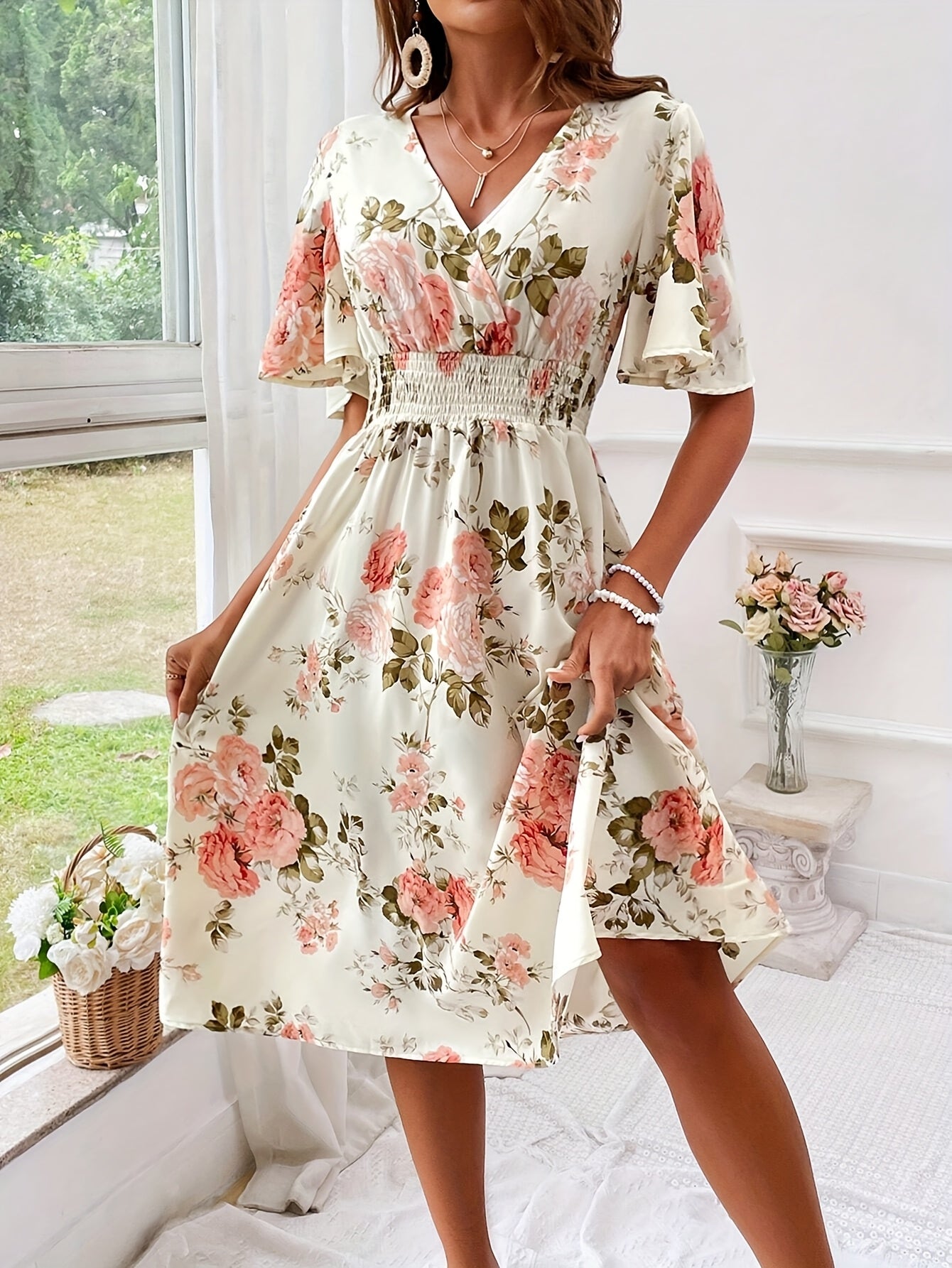 Women Floral Print Cinching Waist Maxi Dress Vacation Beach Outfit - Sales Savvy Shop