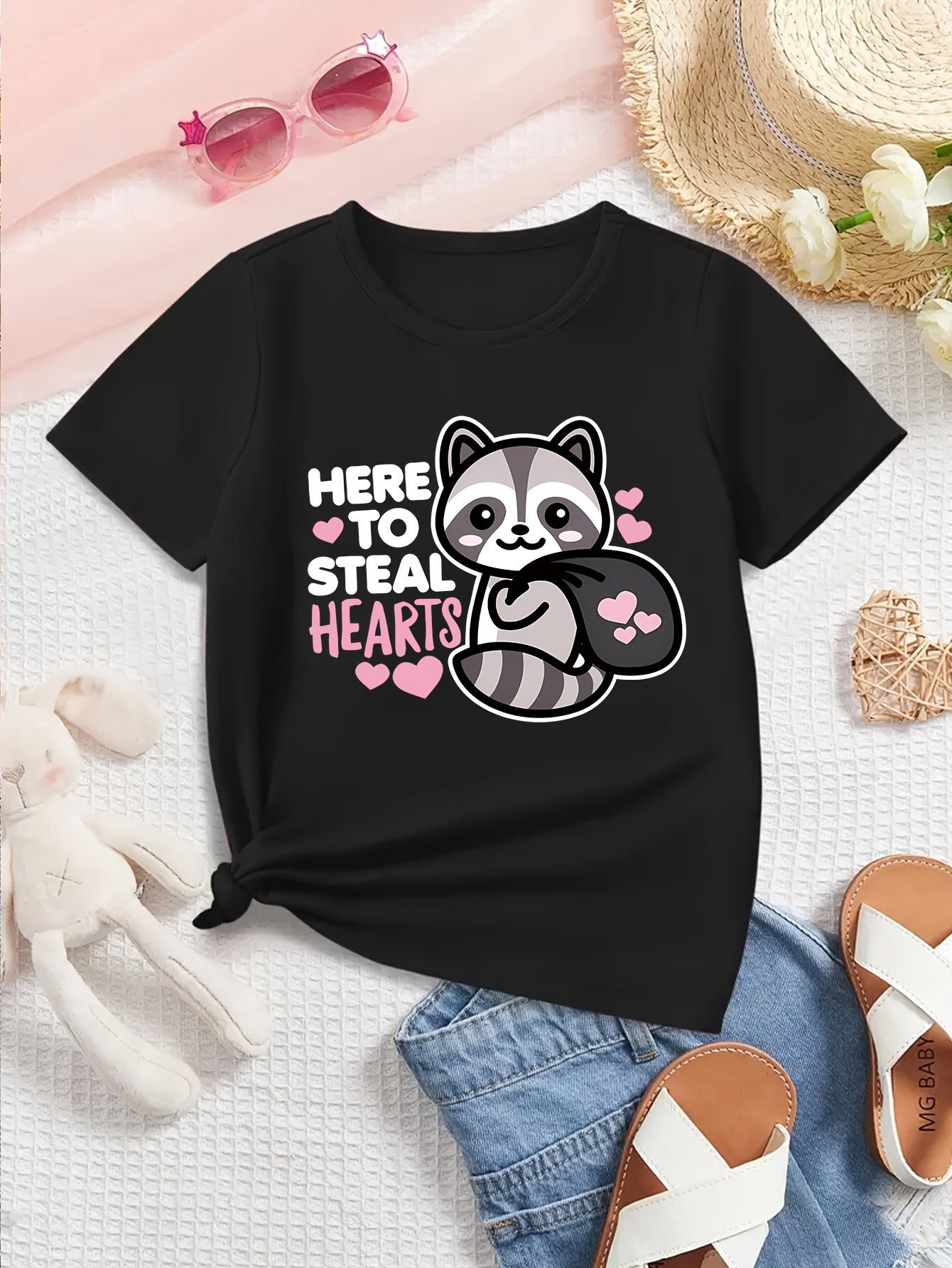 Girls Here Steals Hearts Raccoon Graphic Tee Casual Polyester Short Sleeve T-Shirt Cute Animal Fun Letter Print Perfect for Everyday Outdoor Wear Spring Summer Fall - Sales Savvy Shop