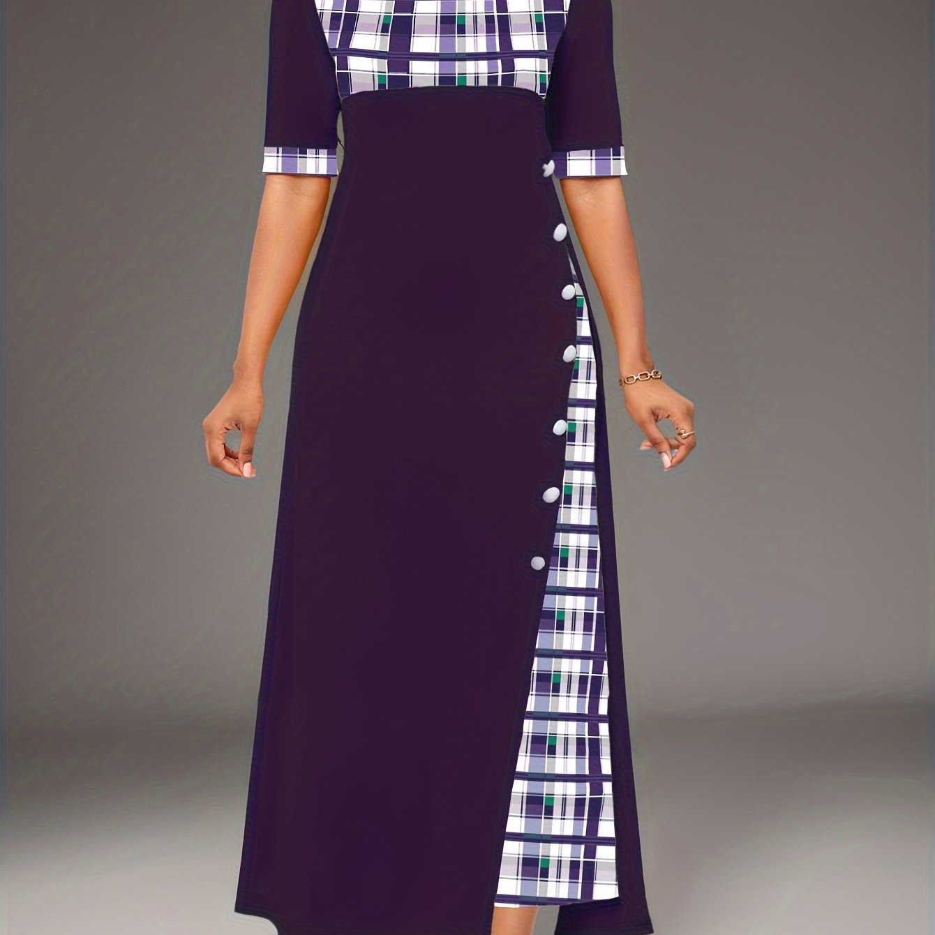 Women's Casual A-Line Dress with Geometric Plaid Color Block Design and Button Detail Mid Sleeve Irregular Hem Long Dress Machine Washable All-Season Comfort - Sales Savvy Shop