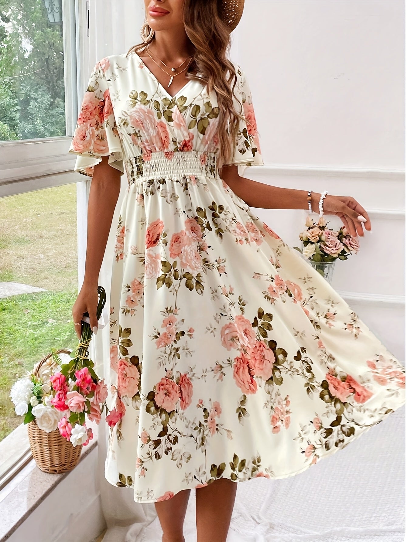 Women Floral Print Cinching Waist Maxi Dress Vacation Beach Outfit - Sales Savvy Shop