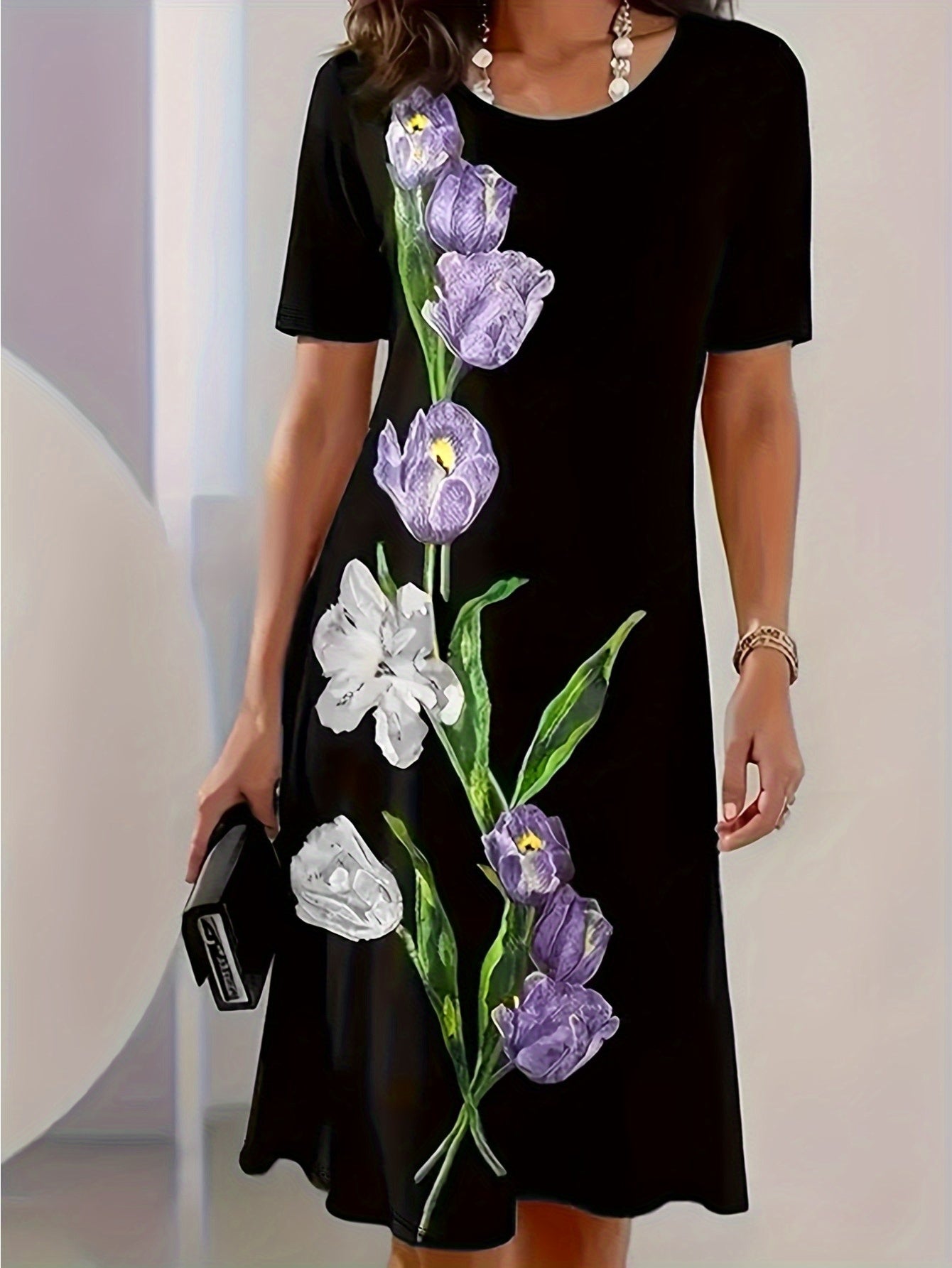 Floral Crew Neck Short Sleeve Elegant Dress for Women - Spring and Summer Commuter Style - Sales Savvy Shop