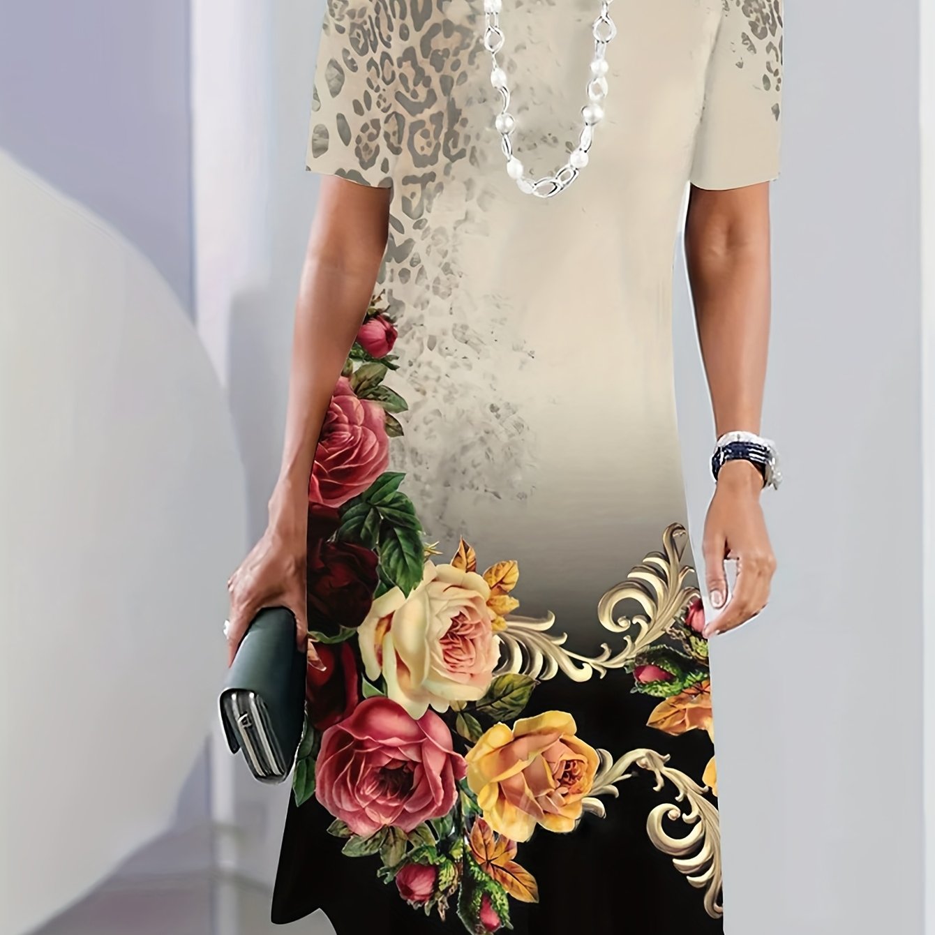 Plus Size Women's Fashionable Casual Loose Dress Short Sleeved Printed Round Neck Mid Length Skirt - Sales Savvy Shop