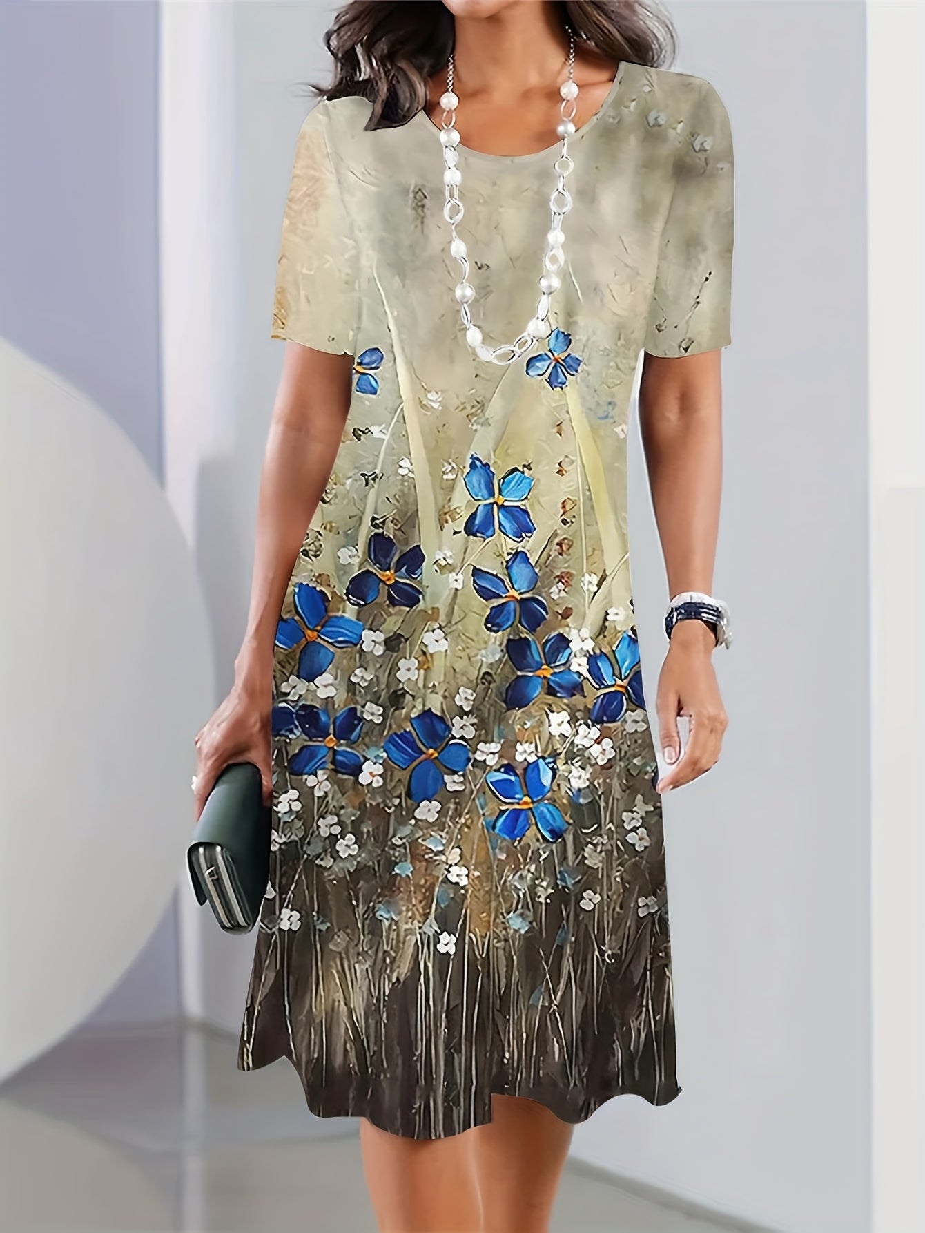 Plus Size Women's Fashionable Casual Loose Dress Short Sleeved Printed Round Neck Mid Length Skirt - Sales Savvy Shop
