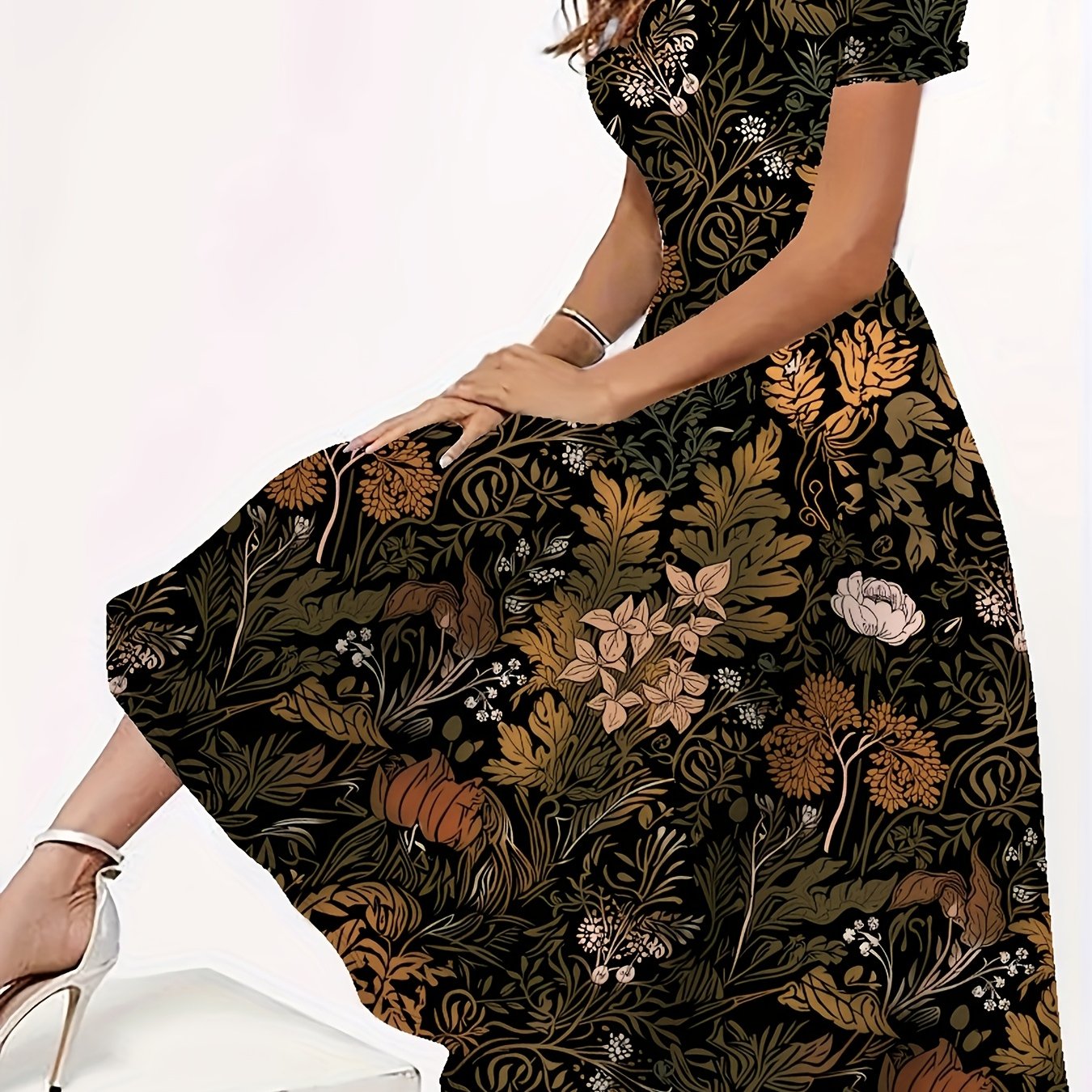 Elegant Plus Size Women's Long Sleeve Floral Print Dress Stretchy Polyester Machine Washable Loose Fit Flowy Long Length All Season Comfort Cozy Long Sleeve Dress Versatile Fashion Nontransparent Fabric - Sales Savvy Shop