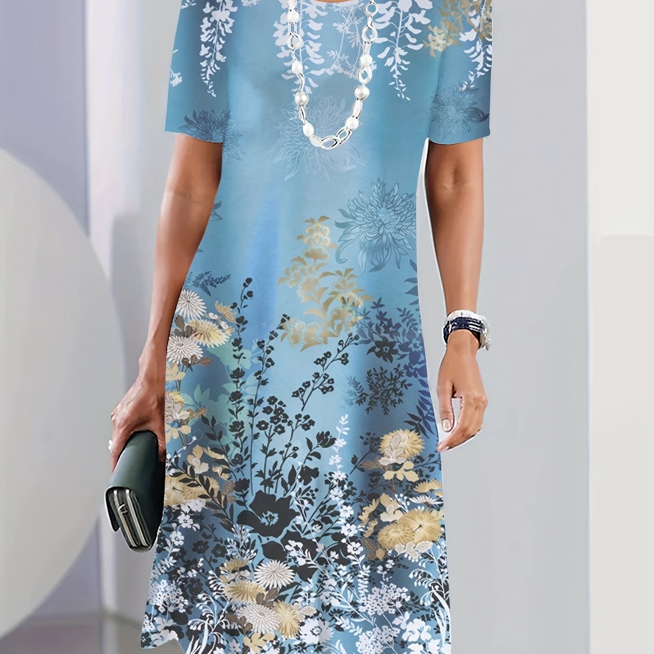 Plus Size Women's Fashionable Casual Loose Dress Short Sleeved Printed Round Neck Mid Length Skirt - Sales Savvy Shop