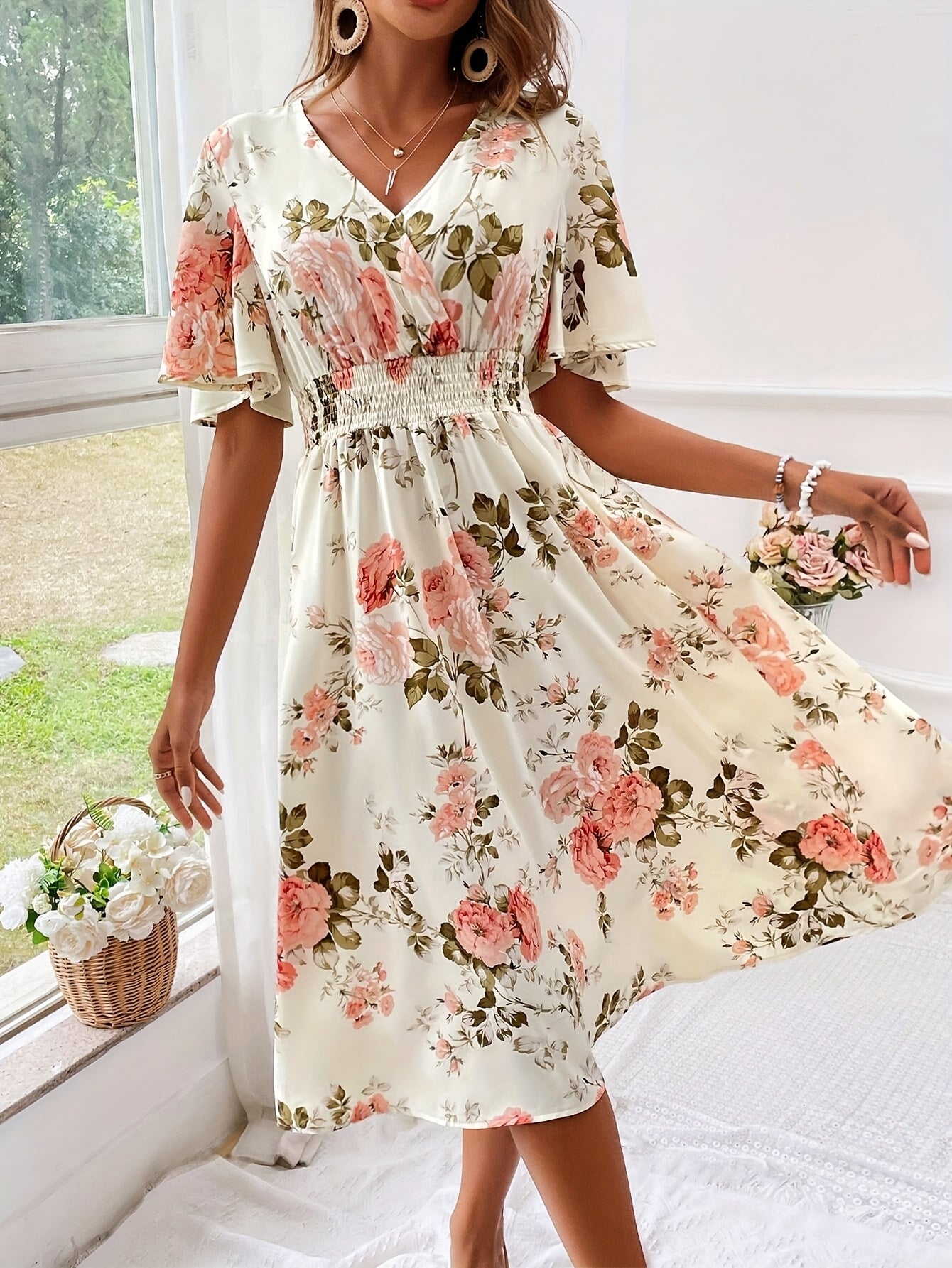 Women Floral Print Cinching Waist Maxi Dress Vacation Beach Outfit - Sales Savvy Shop