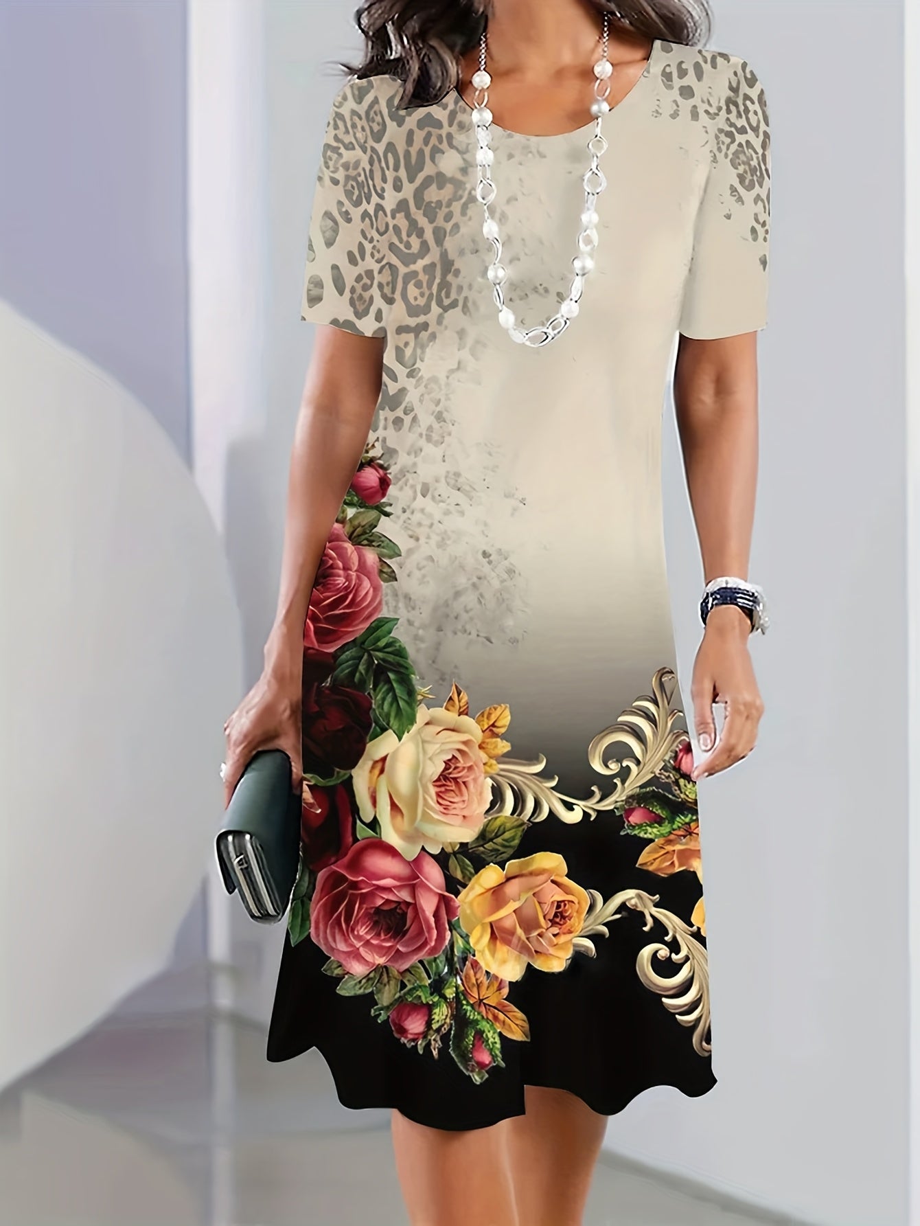 Plus Size Women's Fashionable Casual Loose Dress Short Sleeved Printed Round Neck Mid Length Skirt - Sales Savvy Shop