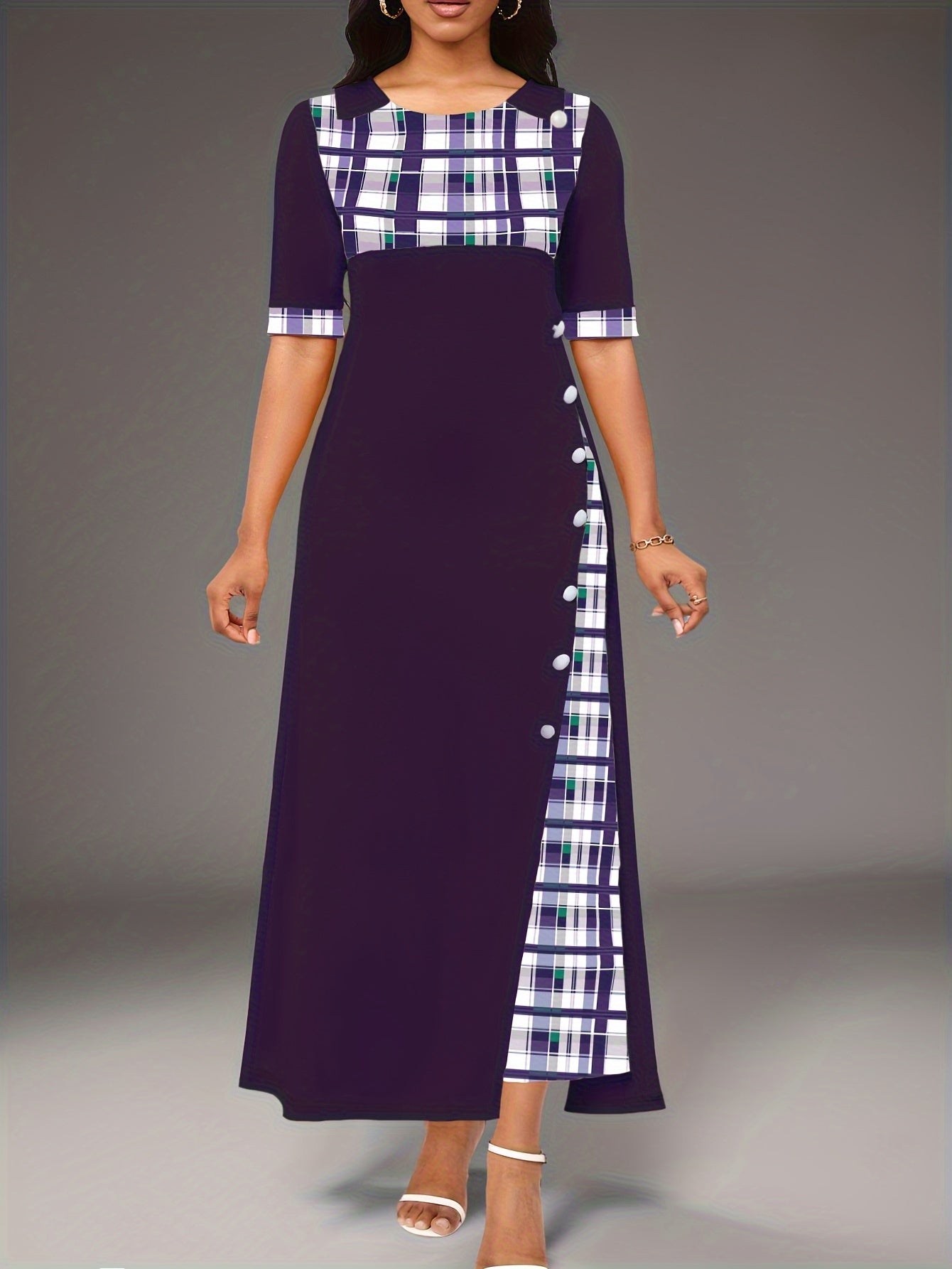 Women's Casual A-Line Dress with Geometric Plaid Color Block Design and Button Detail Mid Sleeve Irregular Hem Long Dress Machine Washable All-Season Comfort - Sales Savvy Shop