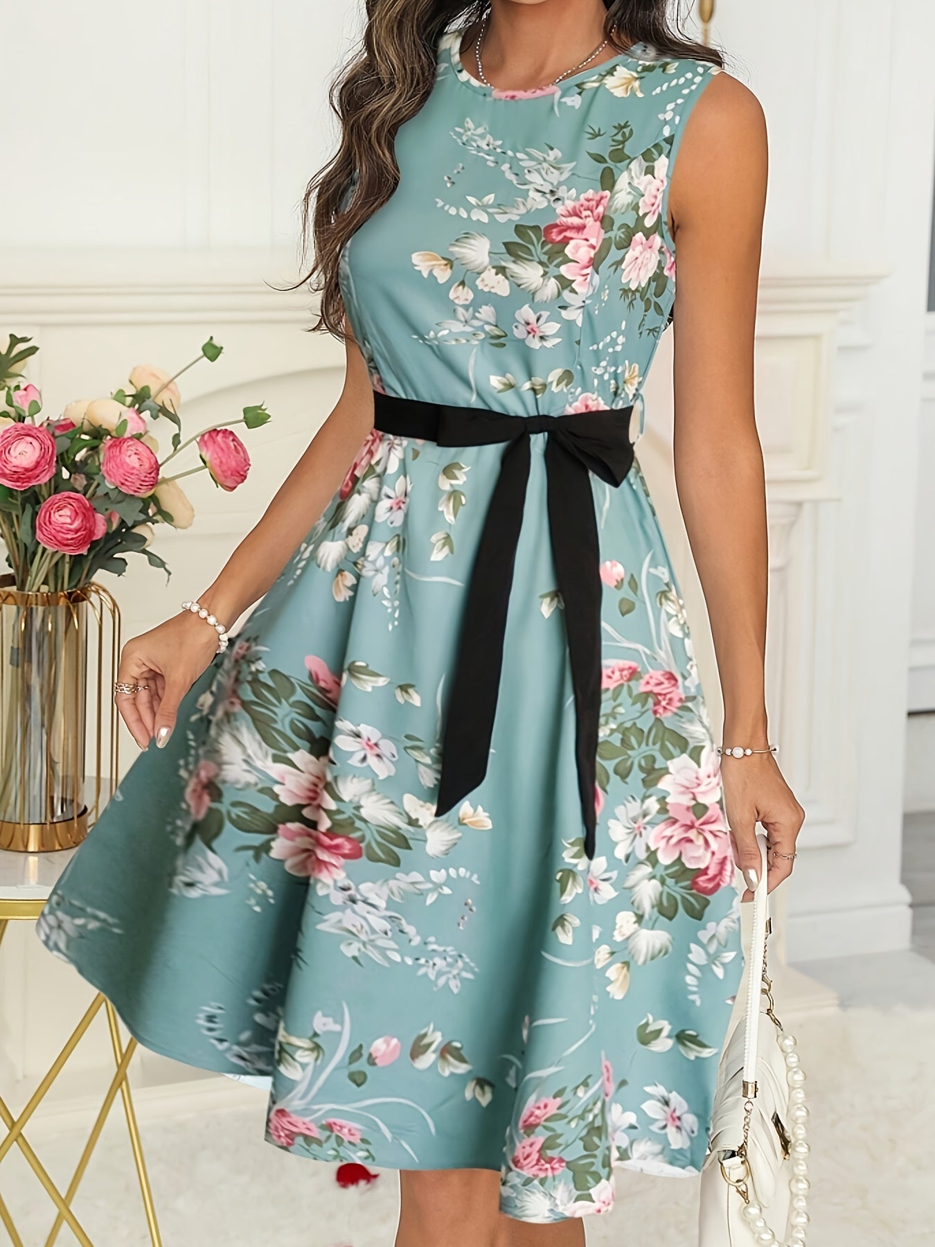 Women's Elegant Floral Print A-Line Sleeveless Dress with Adjustable Belt Knee-Length Round Neck Vibrant Pink White Teal Floral Pattern Fitted Silhouette Medium Stretch Fabric All Season Wear - Sales Savvy Shop
