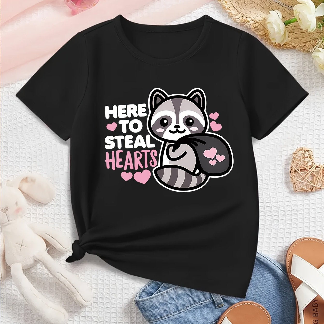 Girls Here Steals Hearts Raccoon Graphic Tee Casual Polyester Short Sleeve T-Shirt Cute Animal Fun Letter Print Perfect for Everyday Outdoor Wear Spring Summer Fall - Sales Savvy Shop