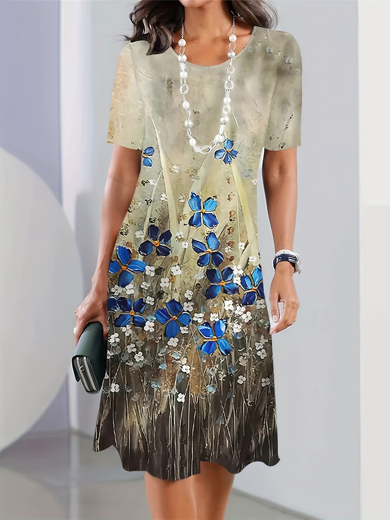 Plus Size Women's Fashionable Casual Loose Dress Short Sleeved Printed Round Neck Mid Length Skirt - Sales Savvy Shop