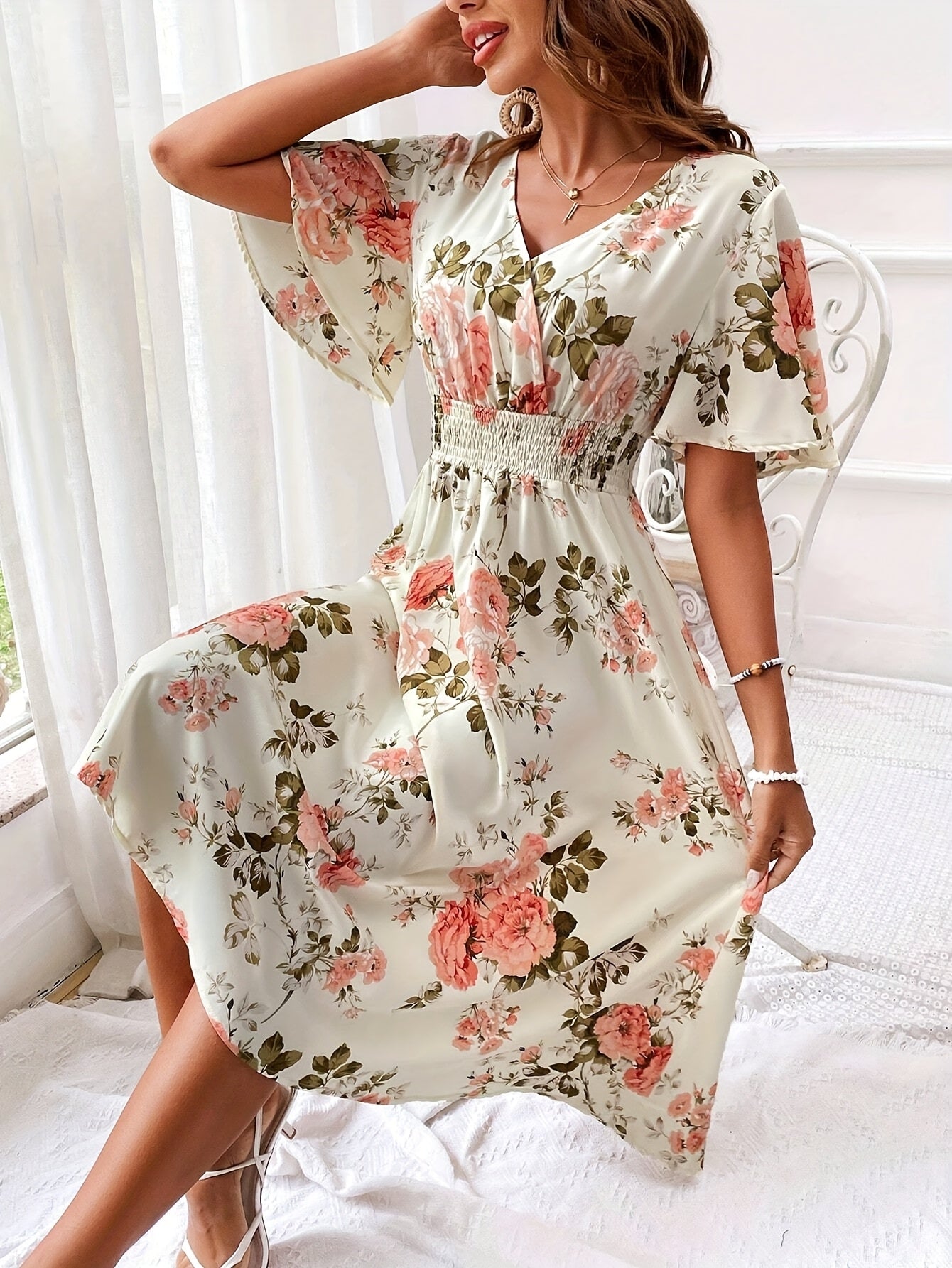 Women Floral Print Cinching Waist Maxi Dress Vacation Beach Outfit - Sales Savvy Shop