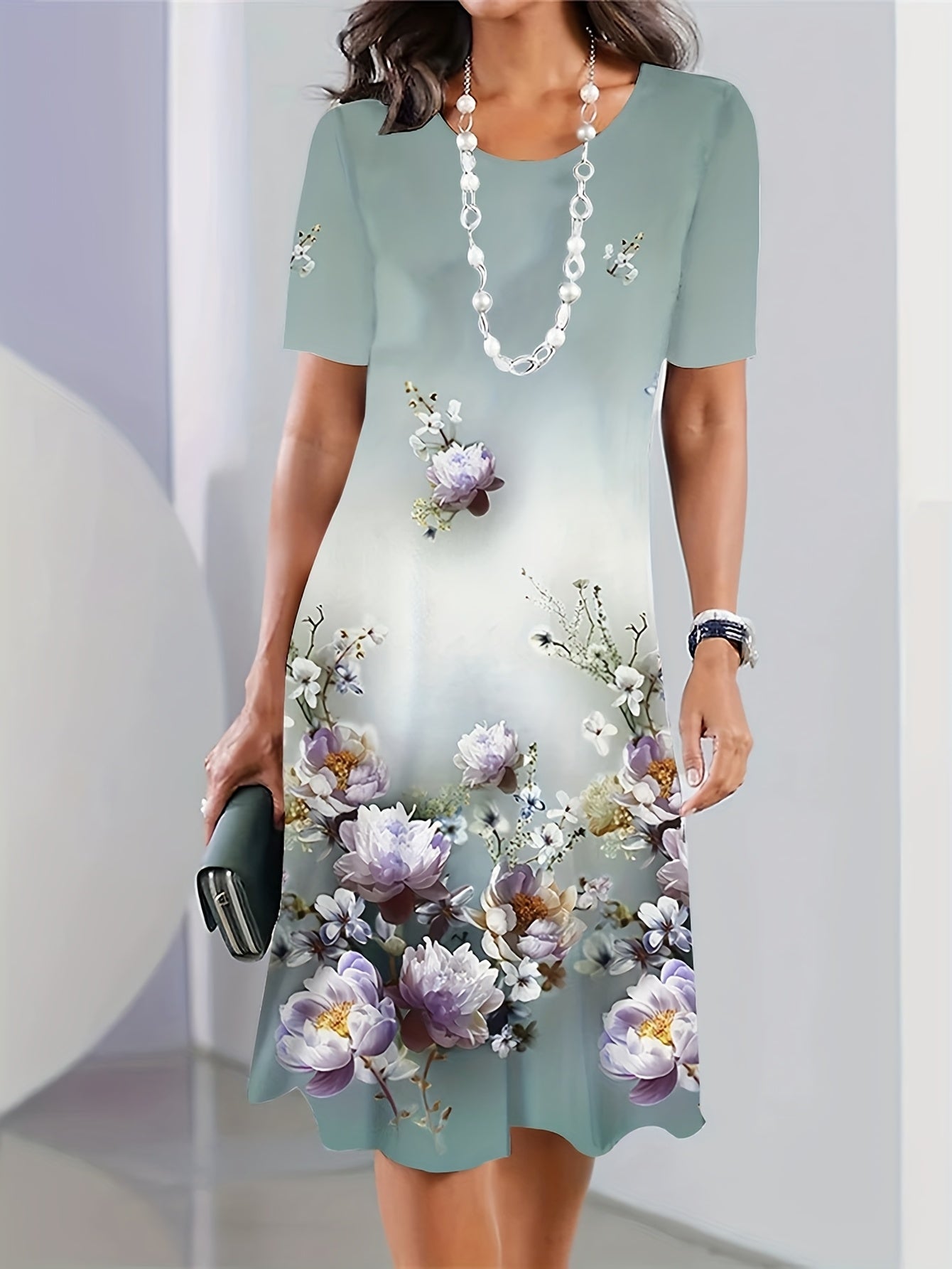 Plus Size Women's Fashionable Casual Loose Dress Short Sleeved Printed Round Neck Mid Length Skirt - Sales Savvy Shop