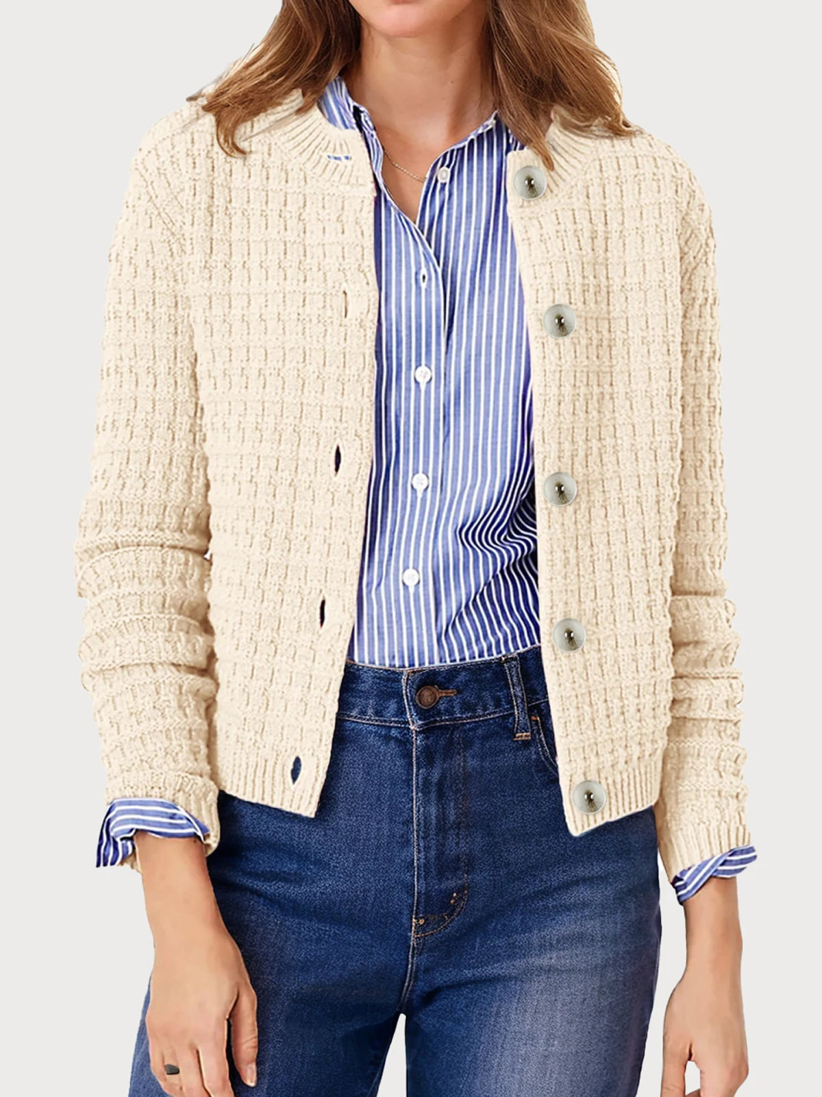 Women's Round Neck Knitted Cardigan Sweater Jacket Casual Long Sleeved Single Breasted Retro Style - Sales Savvy Shop