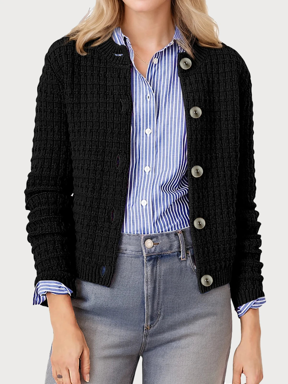 Women's Round Neck Knitted Cardigan Sweater Jacket Casual Long Sleeved Single Breasted Retro Style - Sales Savvy Shop