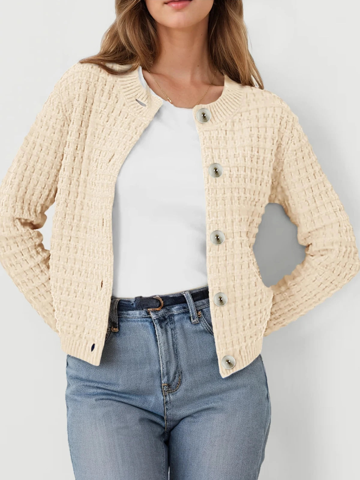 Women's Round Neck Knitted Cardigan Sweater Jacket Casual Long Sleeved Single Breasted Retro Style - Sales Savvy Shop