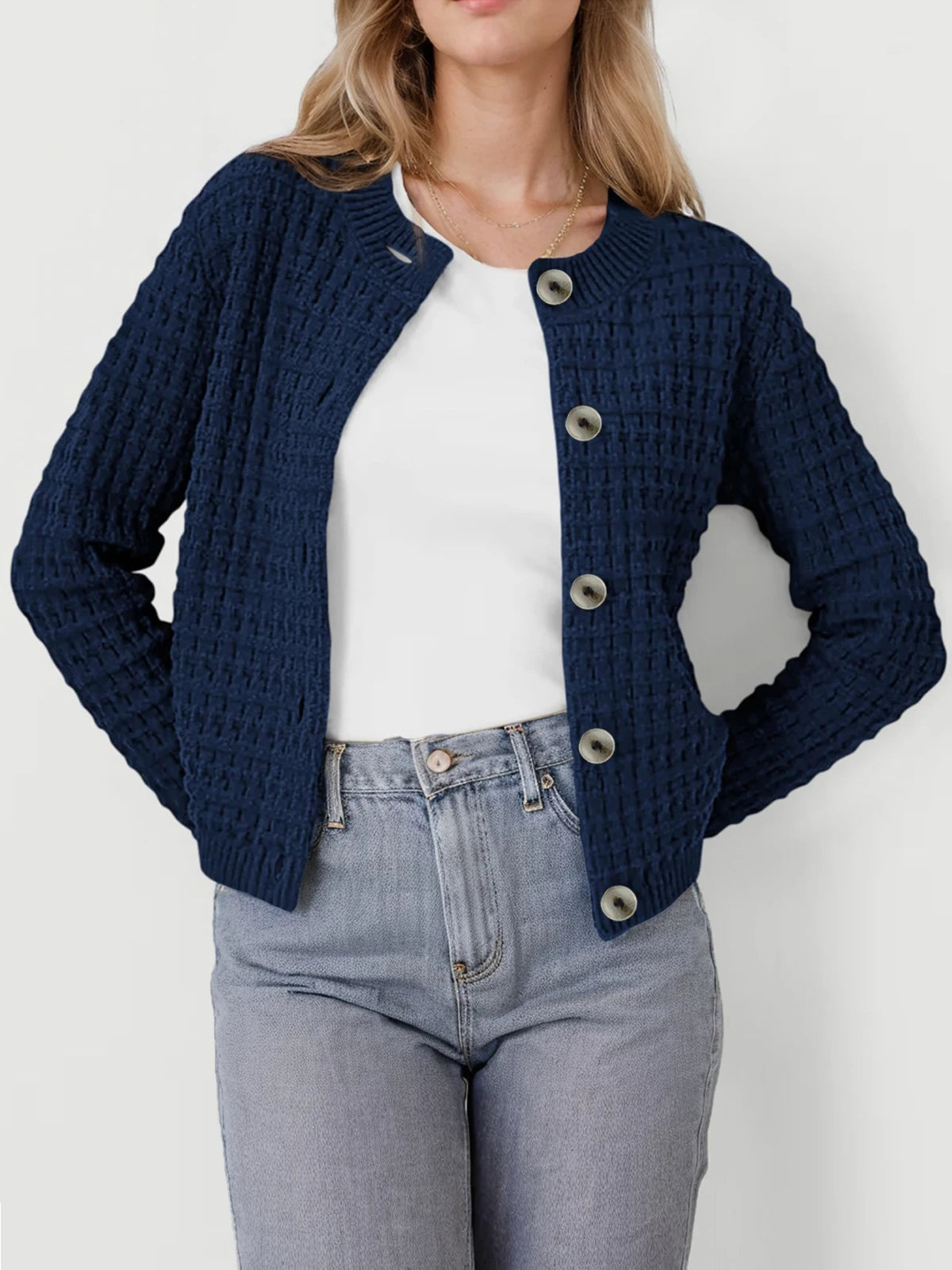 Women's Round Neck Knitted Cardigan Sweater Jacket Casual Long Sleeved Single Breasted Retro Style - Sales Savvy Shop