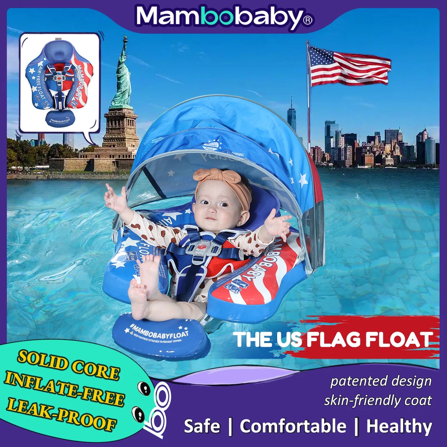 Mambobaby Float Sunny Navigator Baby Pool Float with Canopy US Flag Safe Air-Free Core Comfortable Adjustable Sun Protection - Sales Savvy Shop