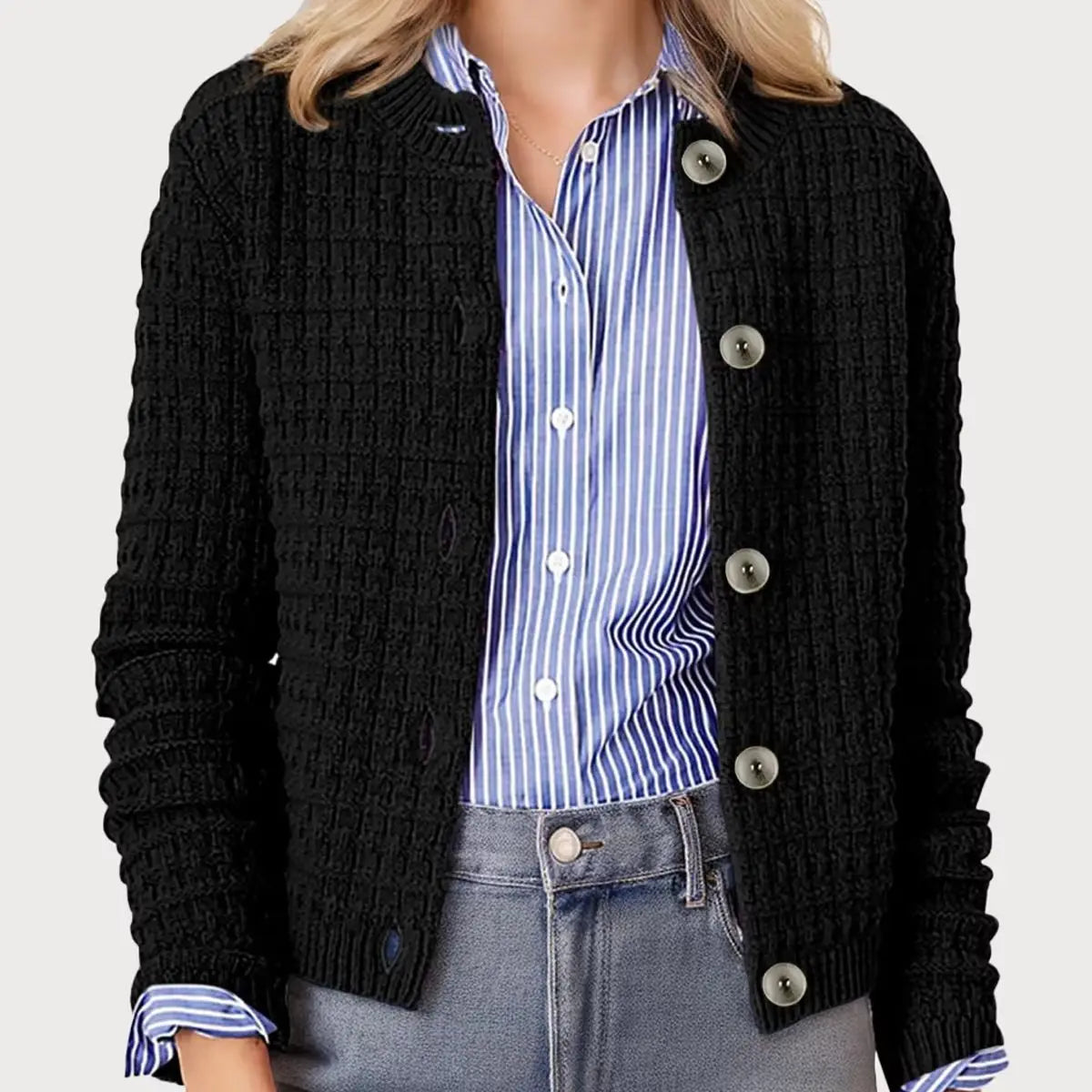 Women's Round Neck Knitted Cardigan Sweater Jacket Casual Long Sleeved Single Breasted Retro Style - Sales Savvy Shop