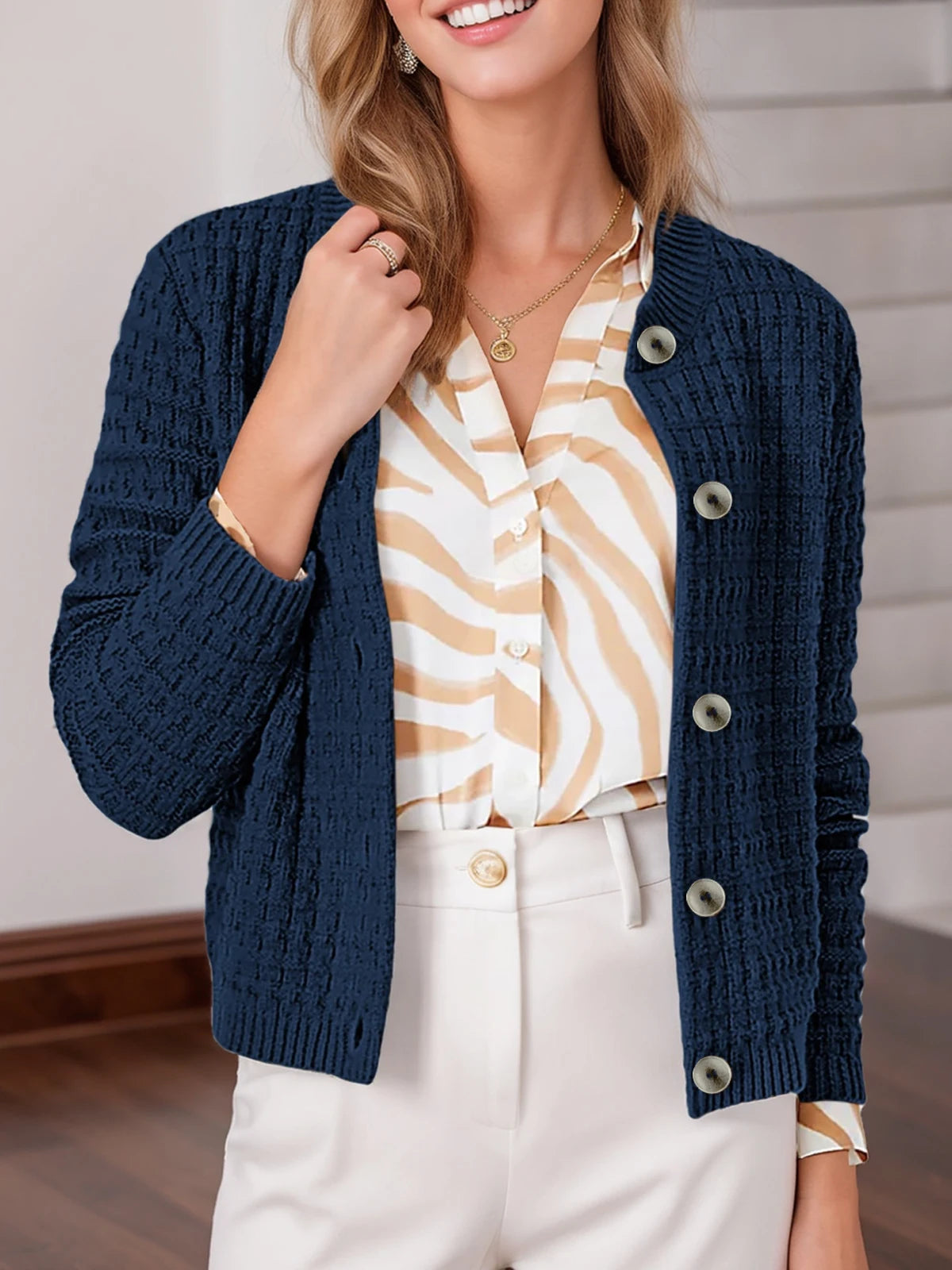 Women's Round Neck Knitted Cardigan Sweater Jacket Casual Long Sleeved Single Breasted Retro Style - Sales Savvy Shop