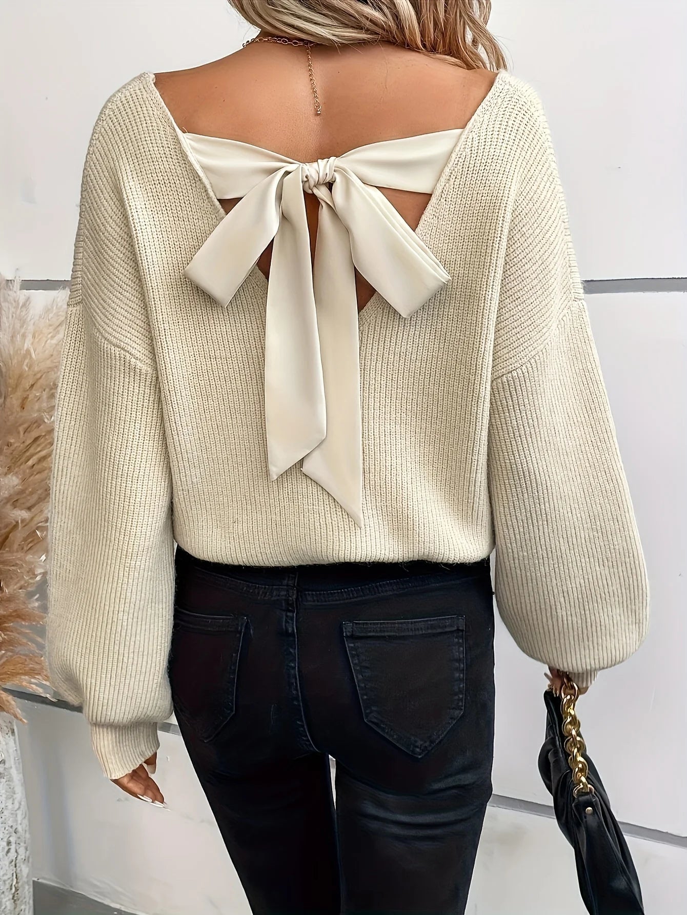 Autumn Winter Women Bow V Neck Knit Sweater Long Sleeve - Sales Savvy Shop