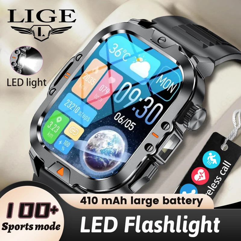 LIGE 2.01 Inch HD Screen Men's Smart Watch with Flashlight IP68 Waterproof Health Monitor and Call Function - Sales Savvy Shop