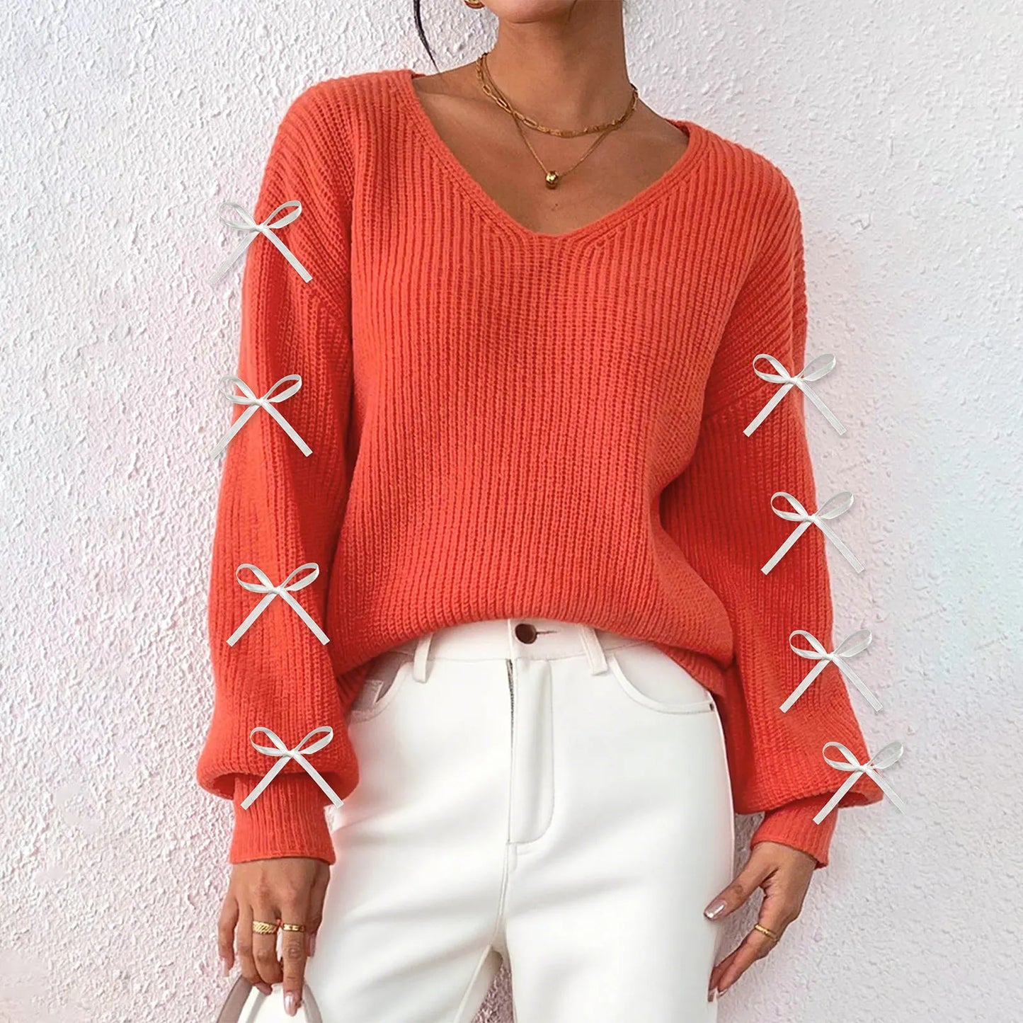 2025 Ribbon Bow Knitted Pullover For Women Winter Warm Top - Sales Savvy Shop