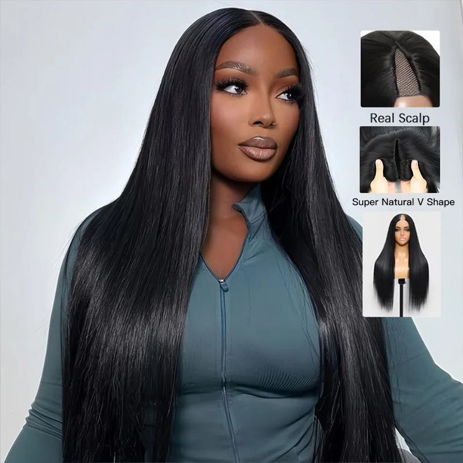 V Part Human Hair Wigs Natural Black 220 Density Glueless - Sales Savvy Shop