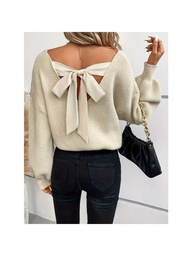 Autumn Winter Women Bow V Neck Knit Sweater Long Sleeve - Sales Savvy Shop