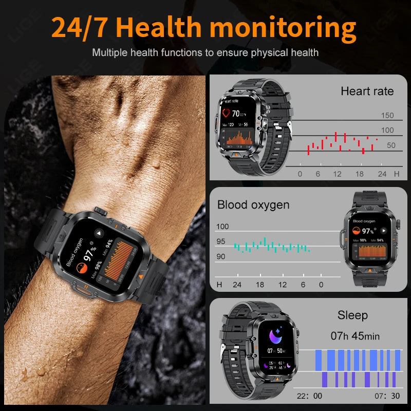 LIGE 2.01 Inch HD Screen Men's Smart Watch with Flashlight IP68 Waterproof Health Monitor and Call Function - Sales Savvy Shop