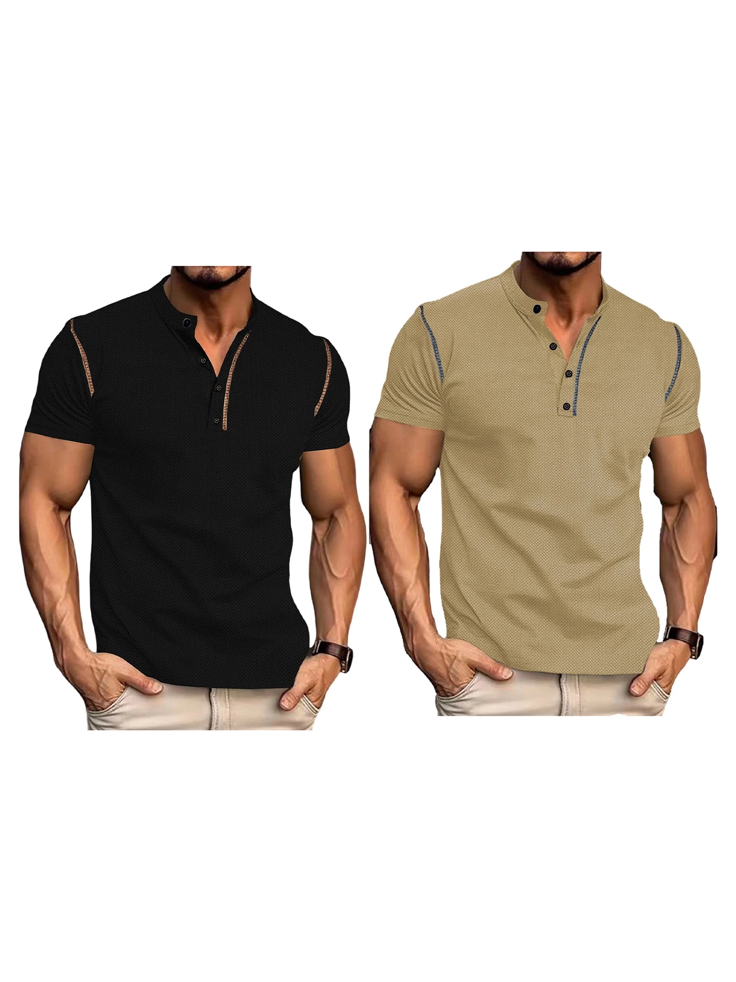 Men's Fit Henley Short Sleeve T-Shirt with Contrast Stitching Casual Summer Top for Streetwear - Sales Savvy Shop
