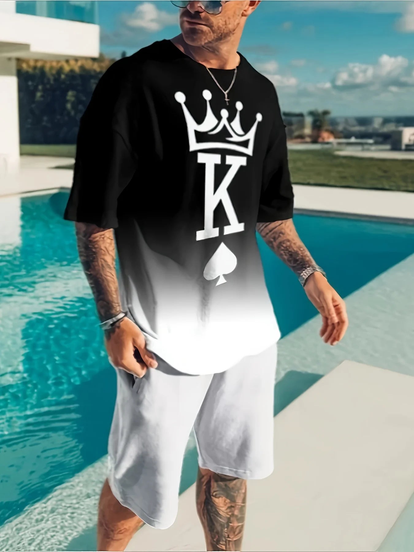 Men's Trendy Round Neck Short Sleeve Two Piece Suit with 3D Digital Print High Definition Pattern for Summer Leisure - Sales Savvy Shop