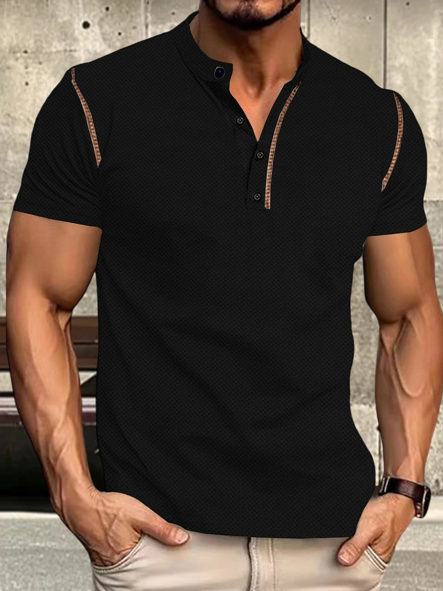 Men's Fit Henley Short Sleeve T-Shirt with Contrast Stitching Casual Summer Top for Streetwear - Sales Savvy Shop