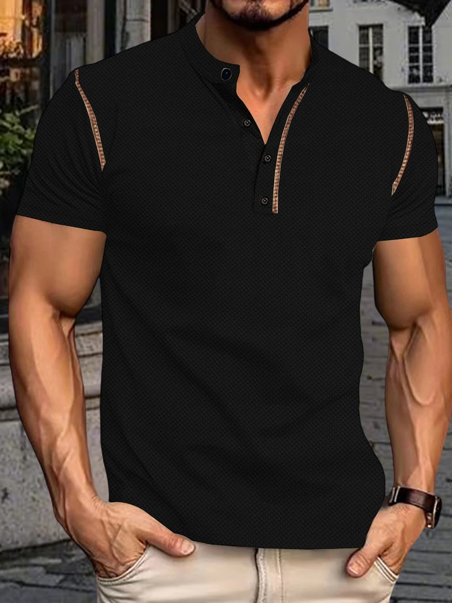Men's Fit Henley Short Sleeve T-Shirt with Contrast Stitching Casual Summer Top for Streetwear - Sales Savvy Shop