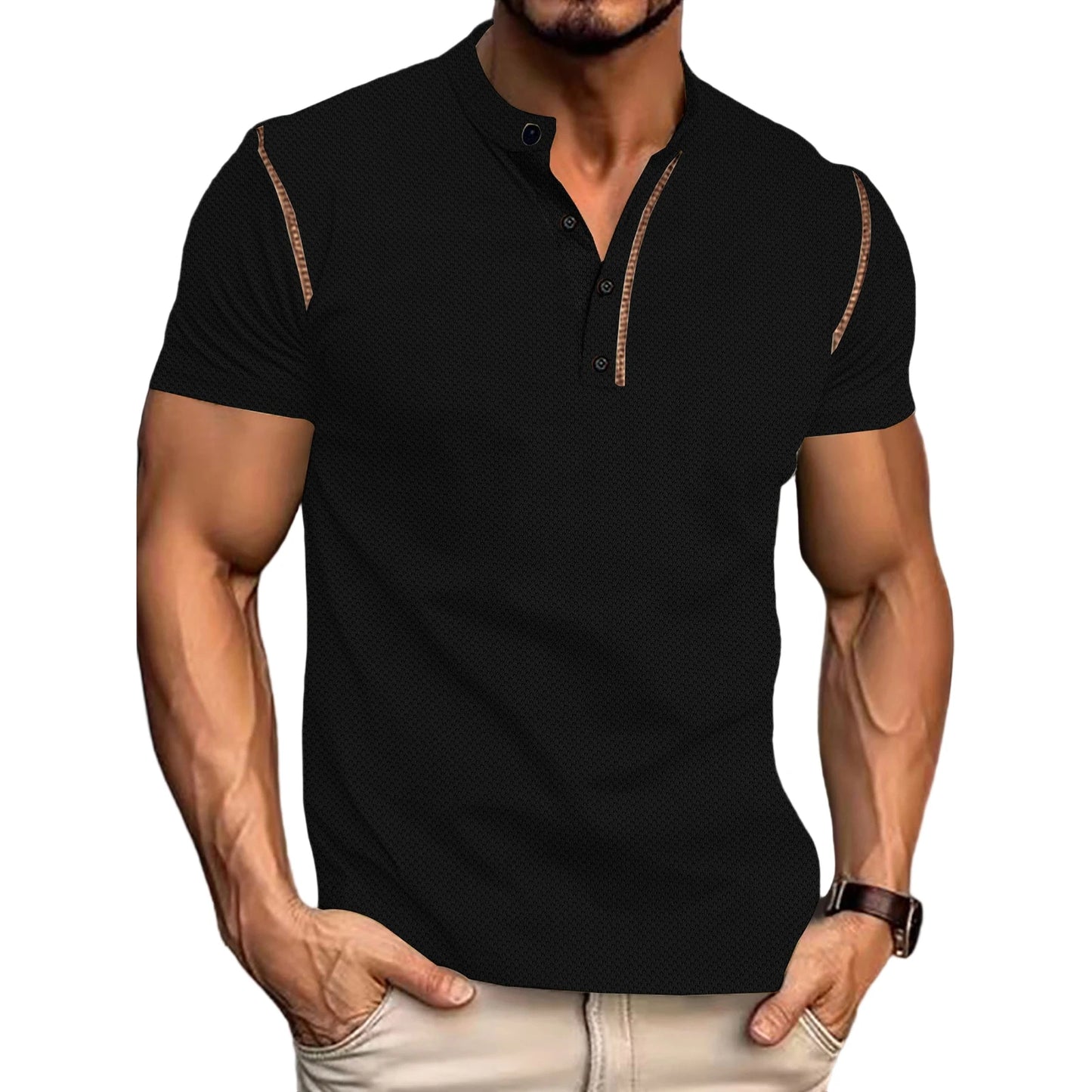 Men's Fit Henley Short Sleeve T-Shirt with Contrast Stitching Casual Summer Top for Streetwear - Sales Savvy Shop
