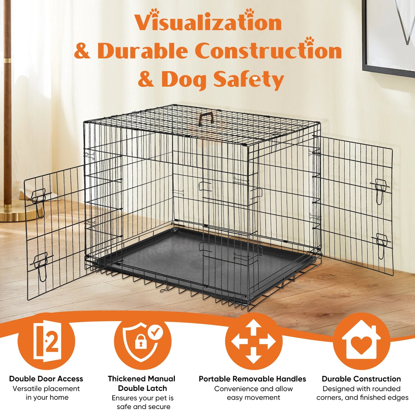 JHK Double Door Folding Metal Wire Dog Cage with Plastic Leak Proof Pan Tray Extra Large Pet Kennel for Indoor Outdoor Travel - Sales Savvy Shop