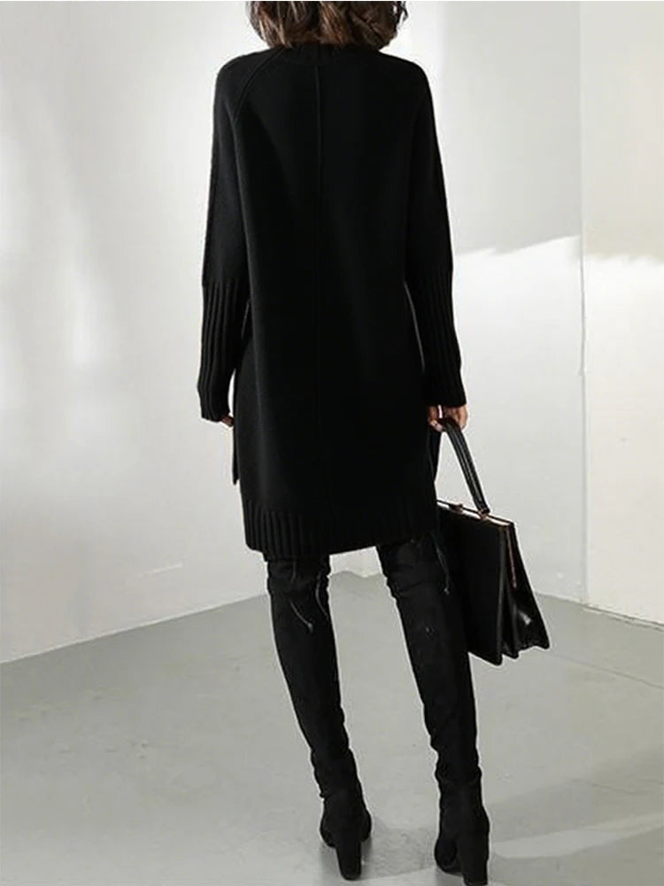 Women Black Long Sleeve Knit Sweater Dress Half Turtleneck - Sales Savvy Shop