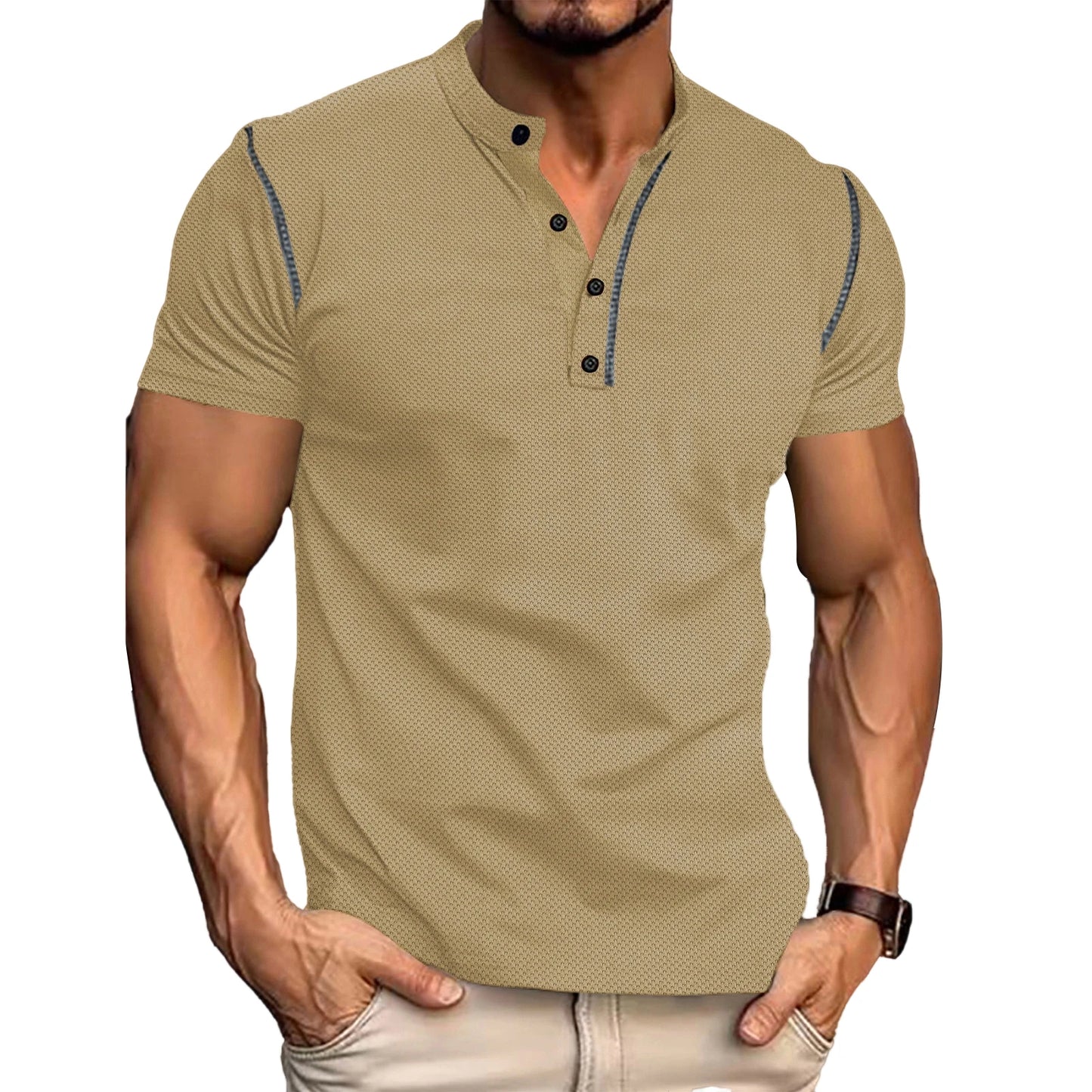 Men's Fit Henley Short Sleeve T-Shirt with Contrast Stitching Casual Summer Top for Streetwear - Sales Savvy Shop