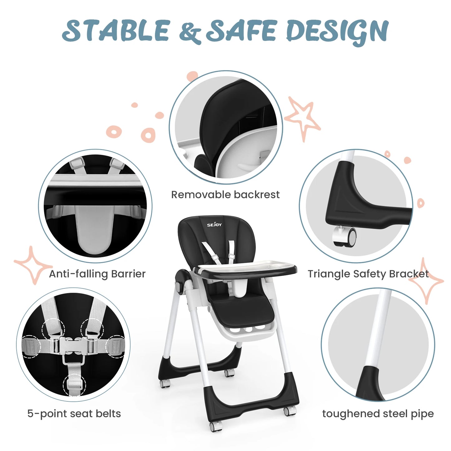 Sejoy Adjustable Baby High Chair with 5 Point Harness 3 Tier Tray and Wheels CE CPC Certified Children's Dining Chair - Sales Savvy Shop