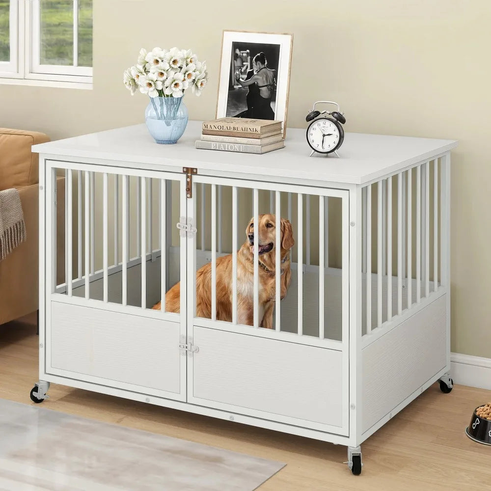 43 Inch Wooden Dog Crate Furniture with Wheels and Double Doors Indoor Dog Kennel White - Sales Savvy Shop
