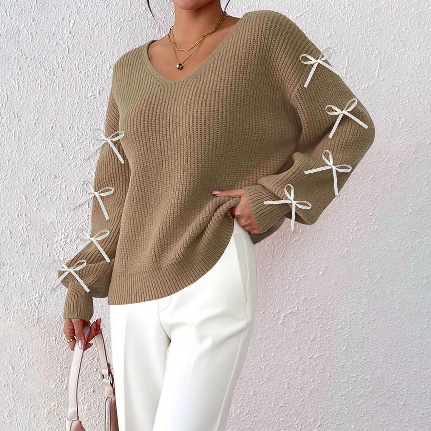 2025 Ribbon Bow Knitted Pullover For Women Winter Warm Top - Sales Savvy Shop