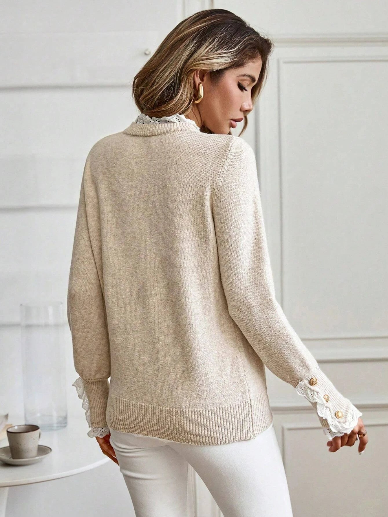 Autumn Winter Knit Top Lace Patchwork High Neck For Women - Sales Savvy Shop