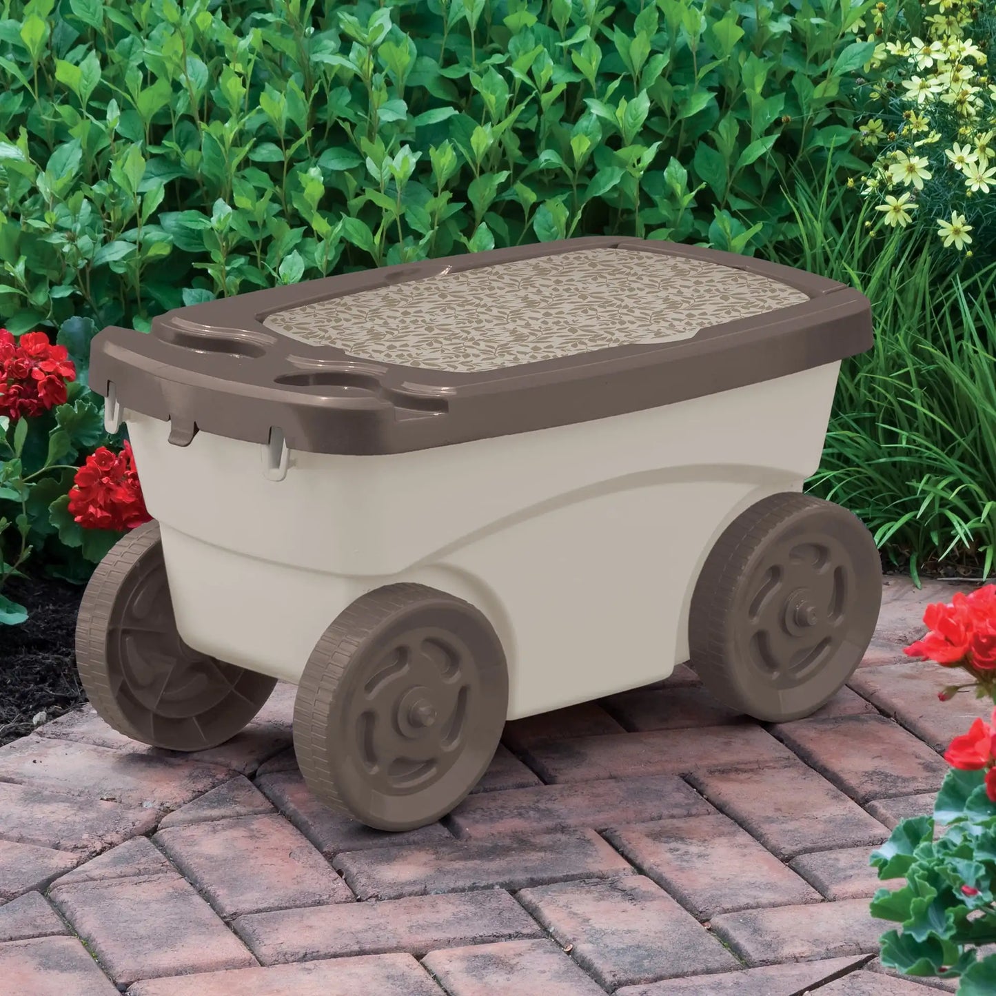 Outdoor Rolling Garden Scooter with Wheels and Pull Strap Light Taupe 14.5 Inches D x 24.25 Inches H x 13.5 Inches W - Sales Savvy Shop