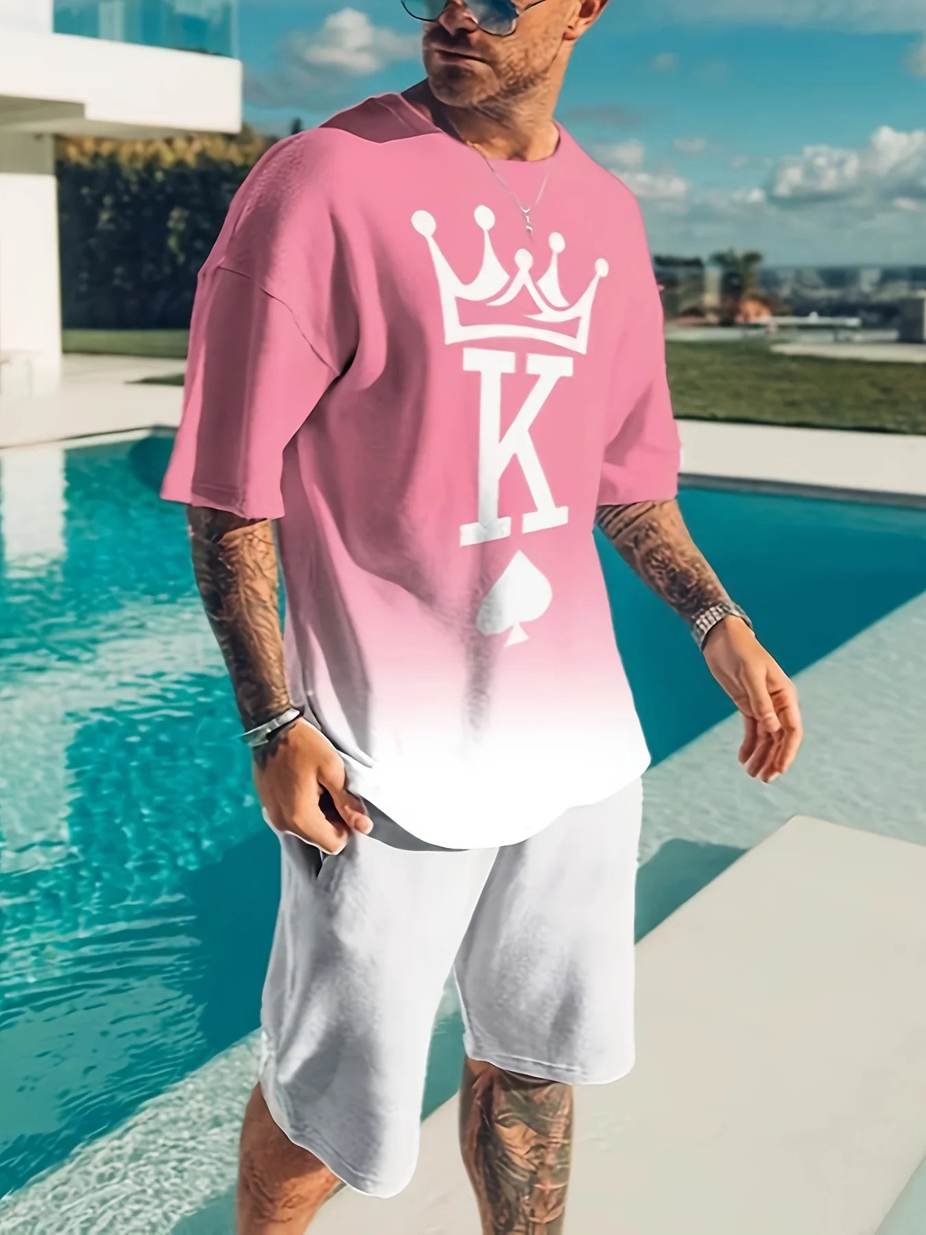 Men's Trendy Round Neck Short Sleeve Two Piece Suit with 3D Digital Print High Definition Pattern for Summer Leisure - Sales Savvy Shop