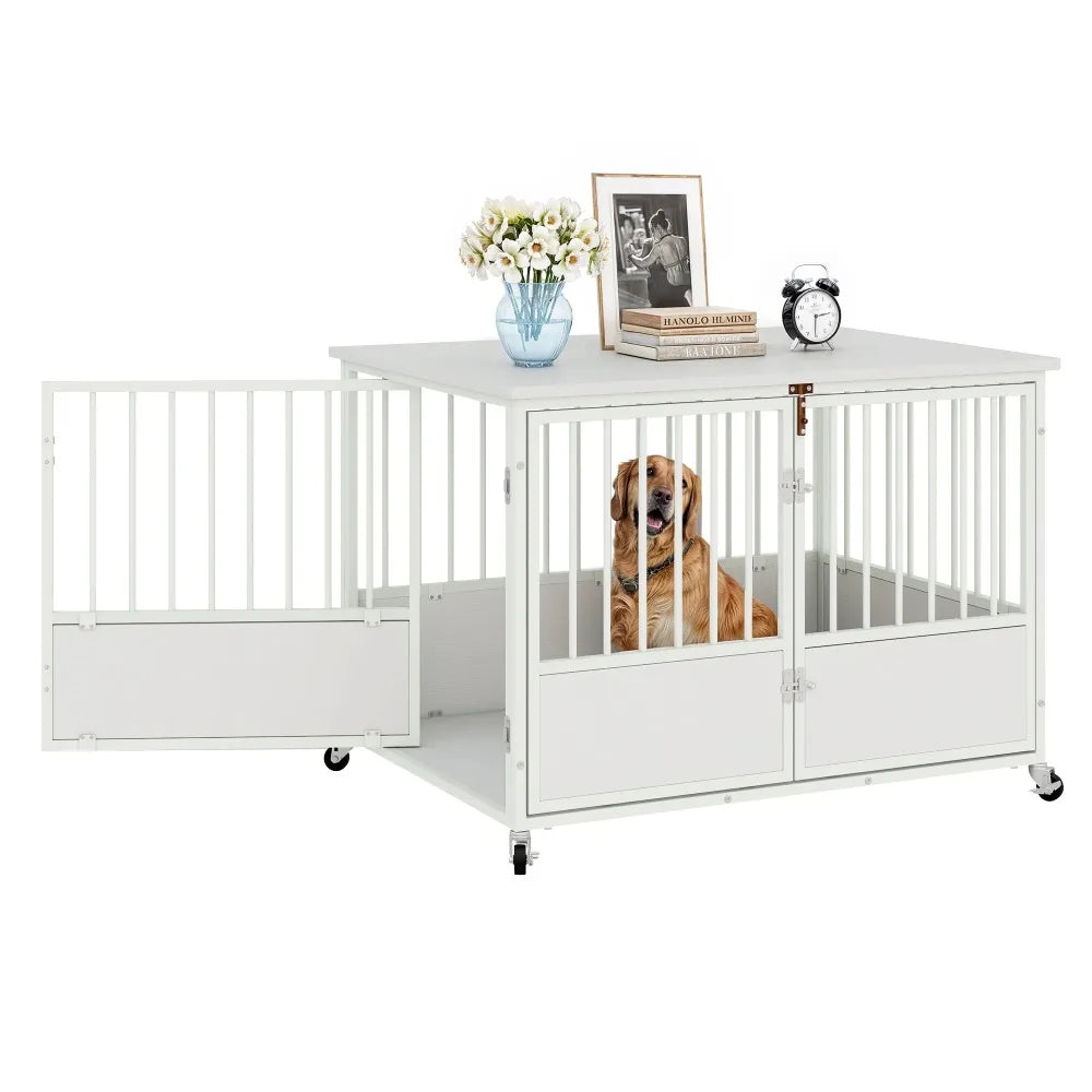 43 Inch Wooden Dog Crate Furniture with Wheels and Double Doors Indoor Dog Kennel White - Sales Savvy Shop