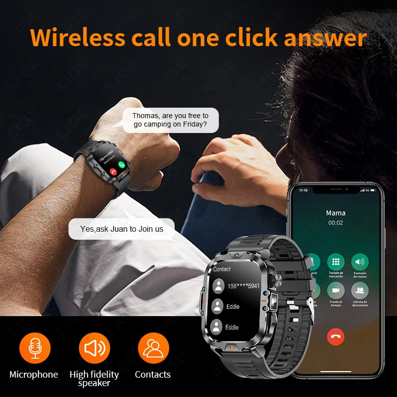 LIGE 2.01 Inch HD Screen Men's Smart Watch with Flashlight IP68 Waterproof Health Monitor and Call Function - Sales Savvy Shop