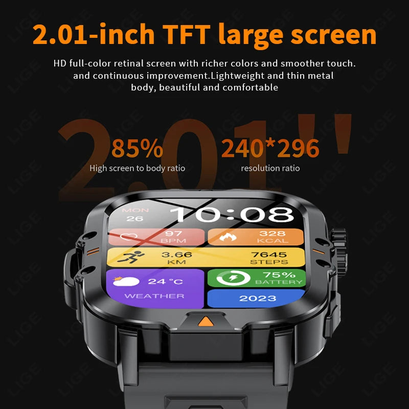 LIGE 2.01 Inch HD Screen Men's Smart Watch with Flashlight IP68 Waterproof Health Monitor and Call Function - Sales Savvy Shop
